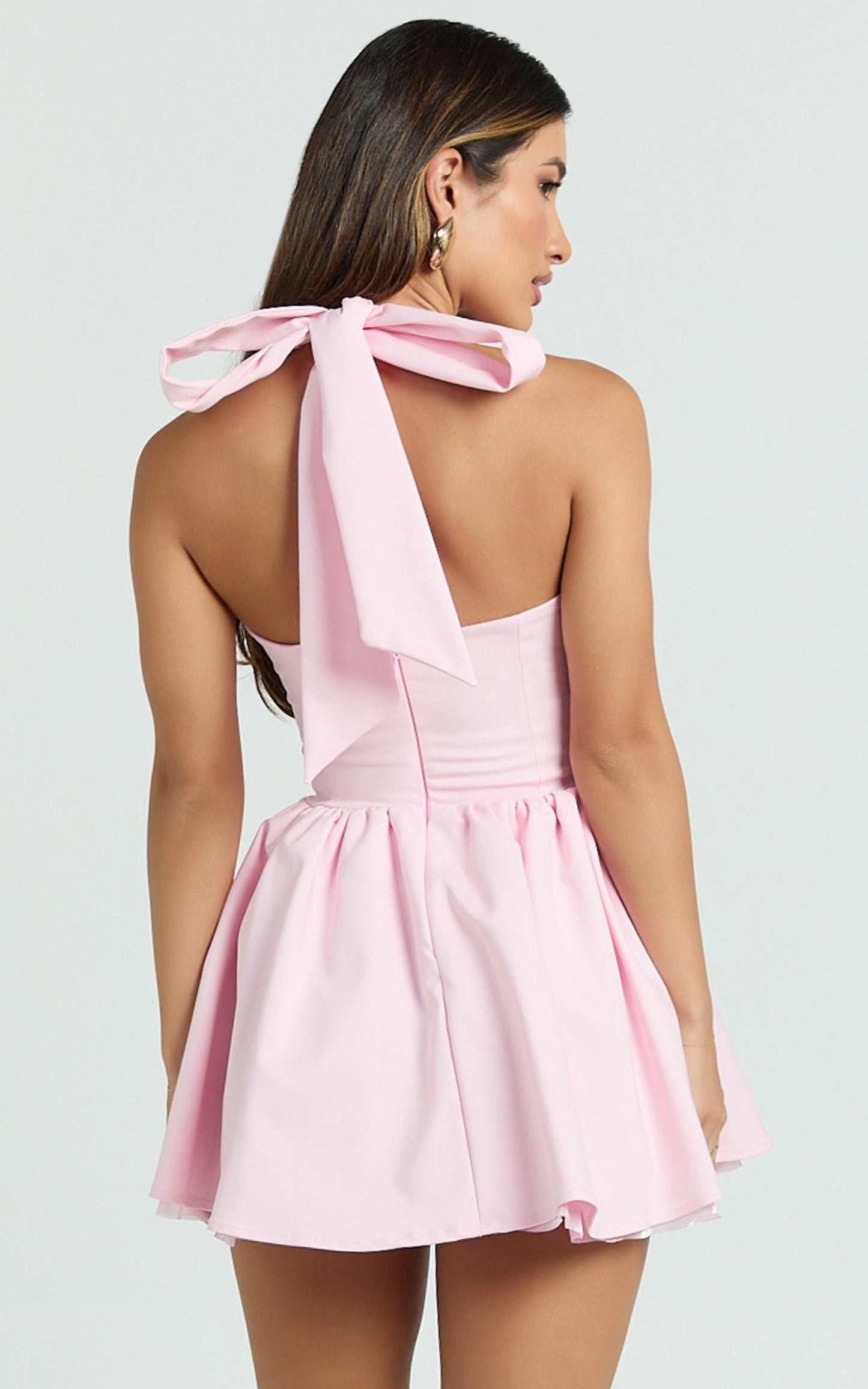 Helda Mini Dress - Halter Tie Neck Corset Panel Dress in Pink