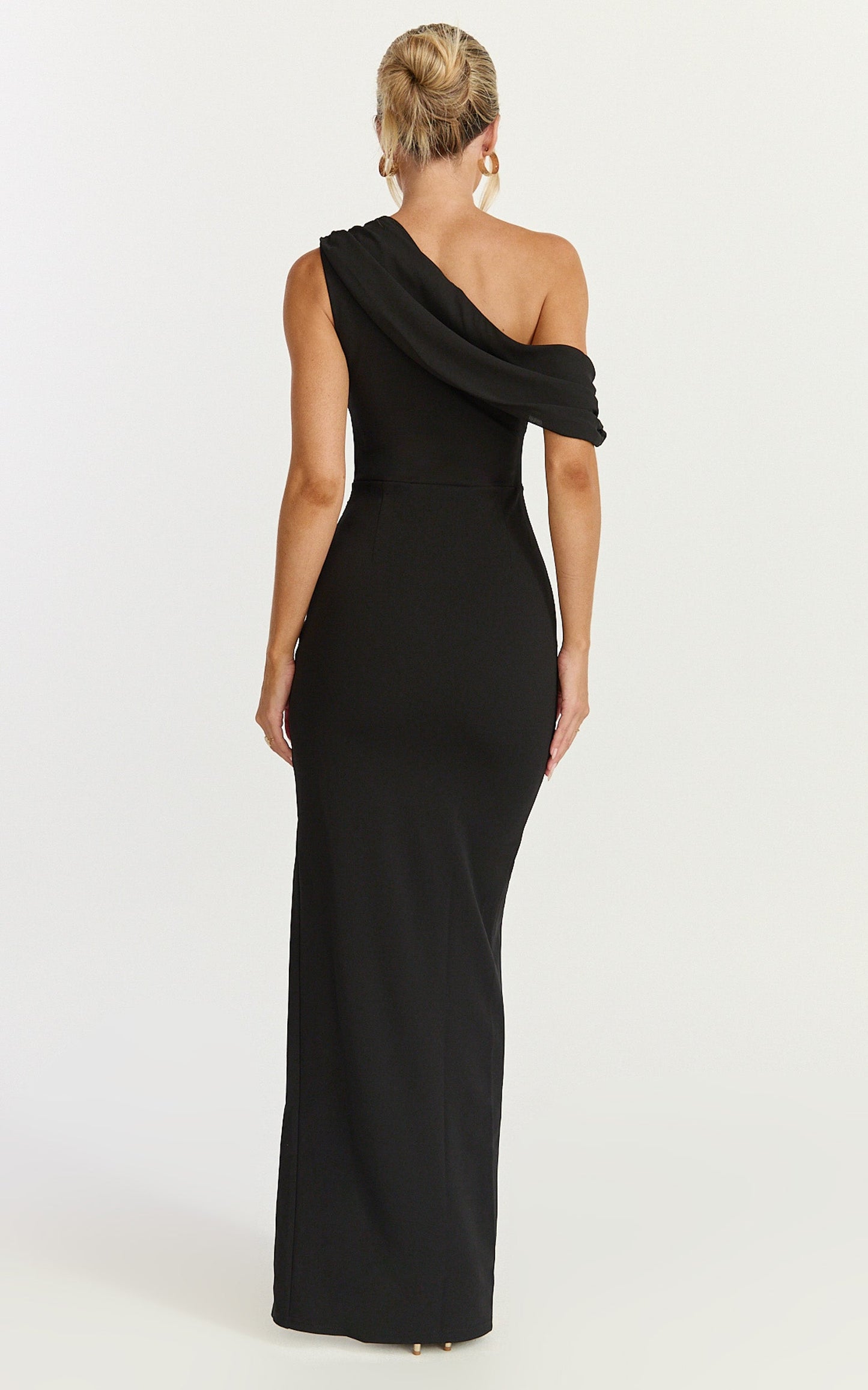 Helen Maxi Dress - One Shoulder Draped Fitted Dress in Black