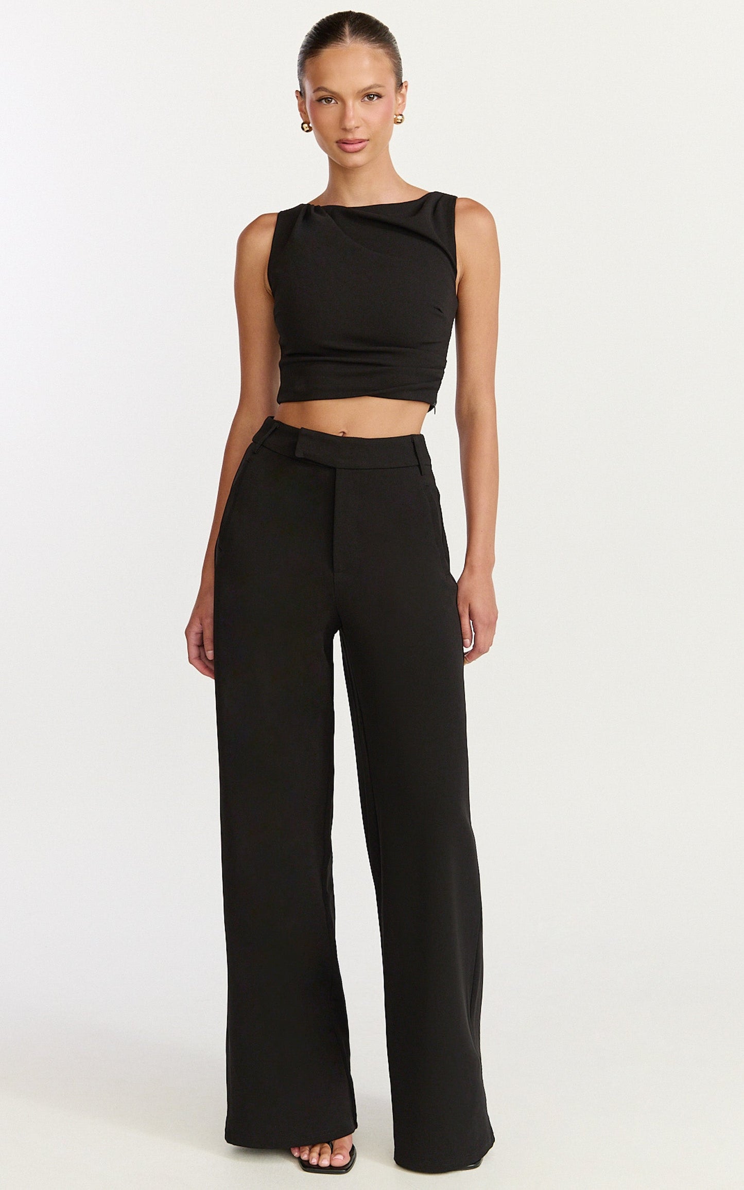 Helen Two Piece Set - Crepe Twisted Top And Wide Leg Pants in Black