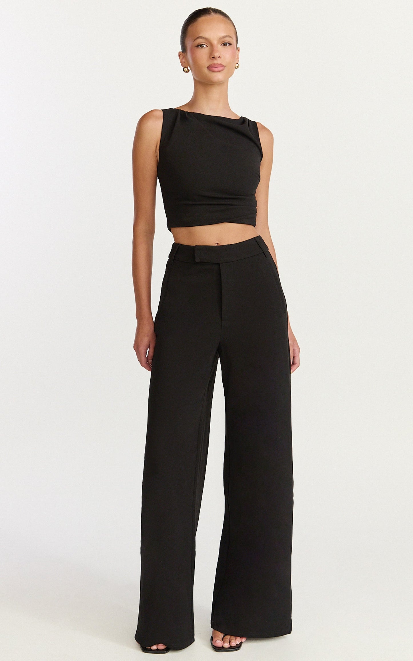 Helen Two Piece Set - Crepe Twisted Top And Wide Leg Pants in Black