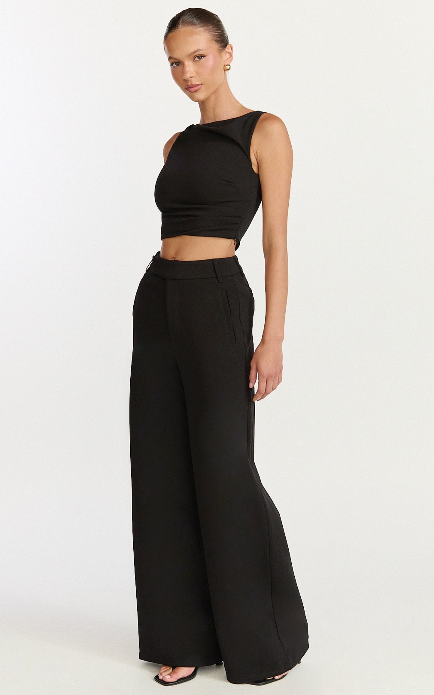 Helen Two Piece Set - Crepe Twisted Top And Wide Leg Pants in Black