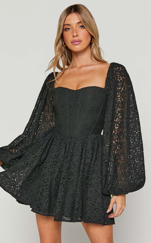 Helena Mini Dress - Long Sleeve Fit and Flare Lace Dress in Black