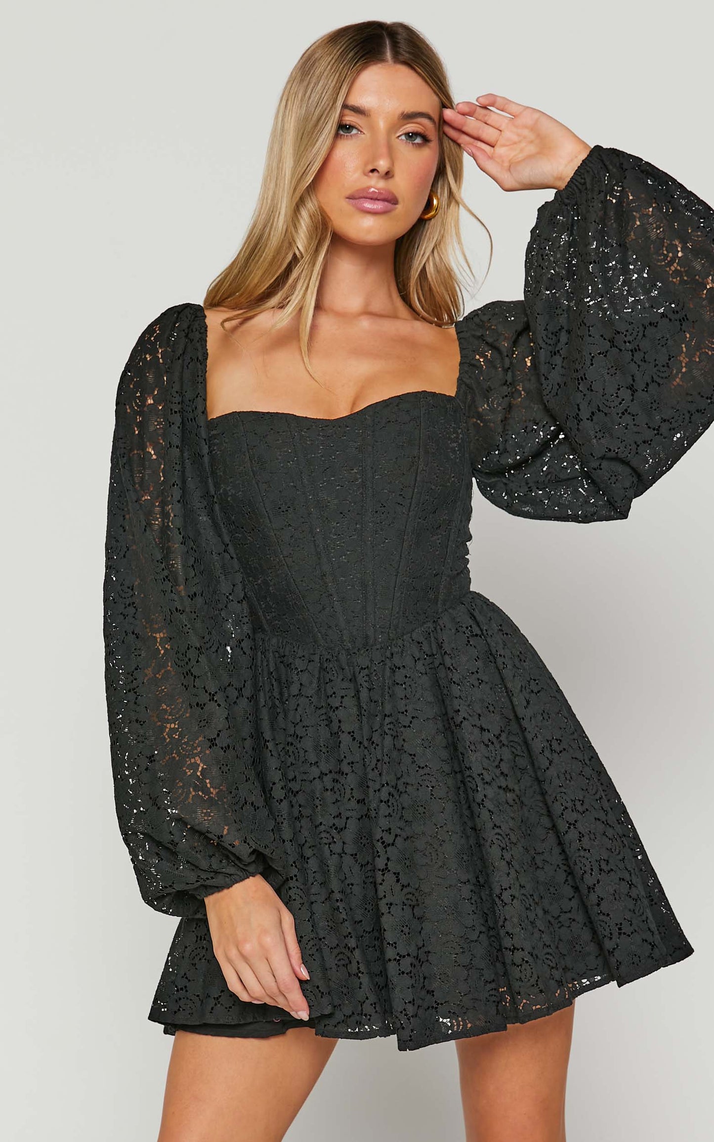 Helena Mini Dress - Long Sleeve Fit and Flare Lace Dress in Black