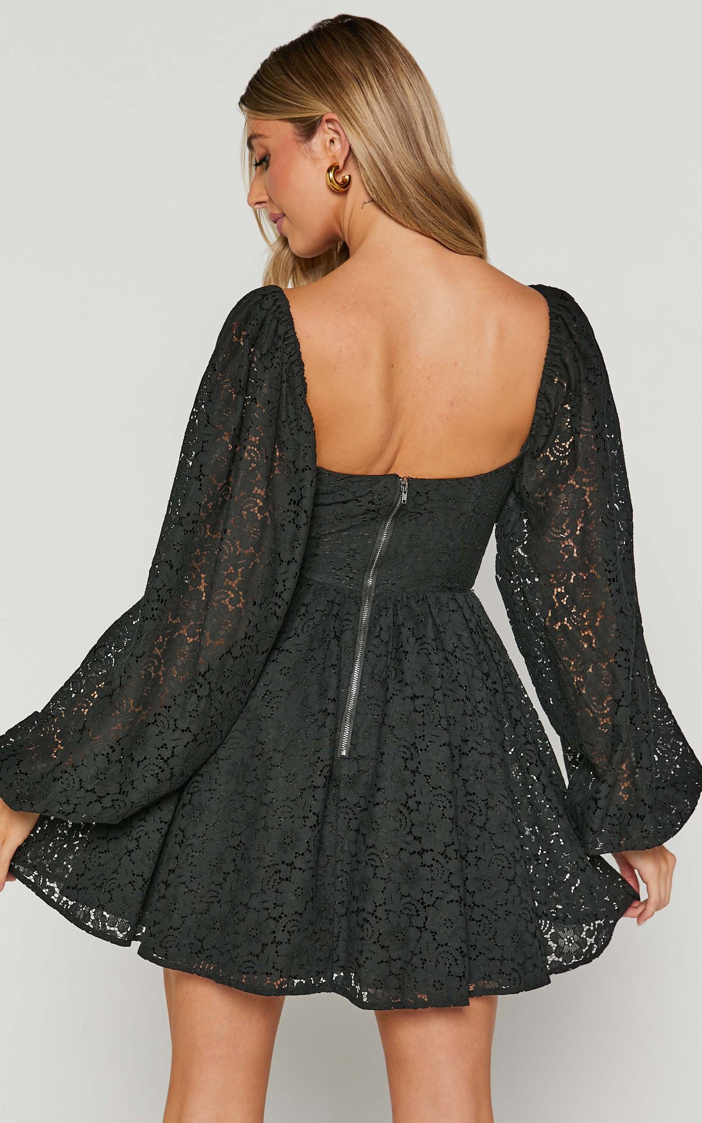 Helena Mini Dress - Long Sleeve Fit and Flare Lace Dress in Black