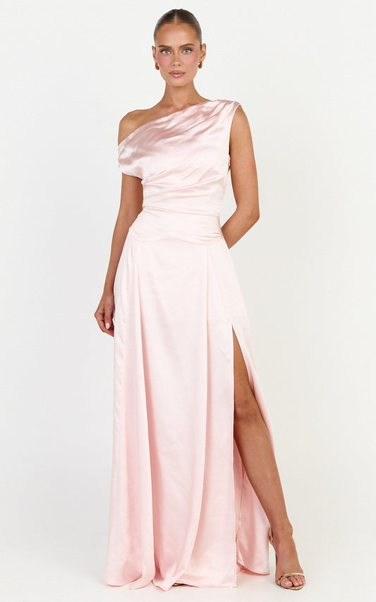 Helena Maxi Dress - Off Shoulder Godet Dress in Light Pink