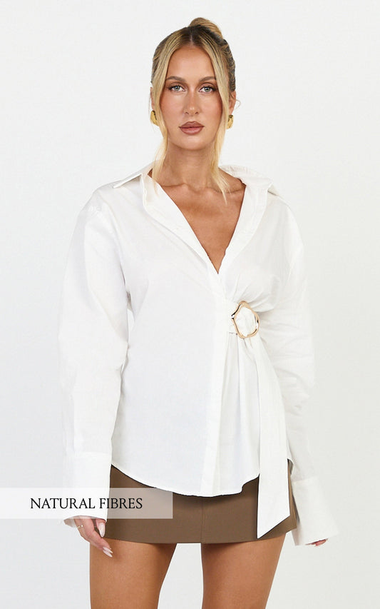 Heloise Top - Wrap Front Buckle and Tie Detail LS Shirt in White