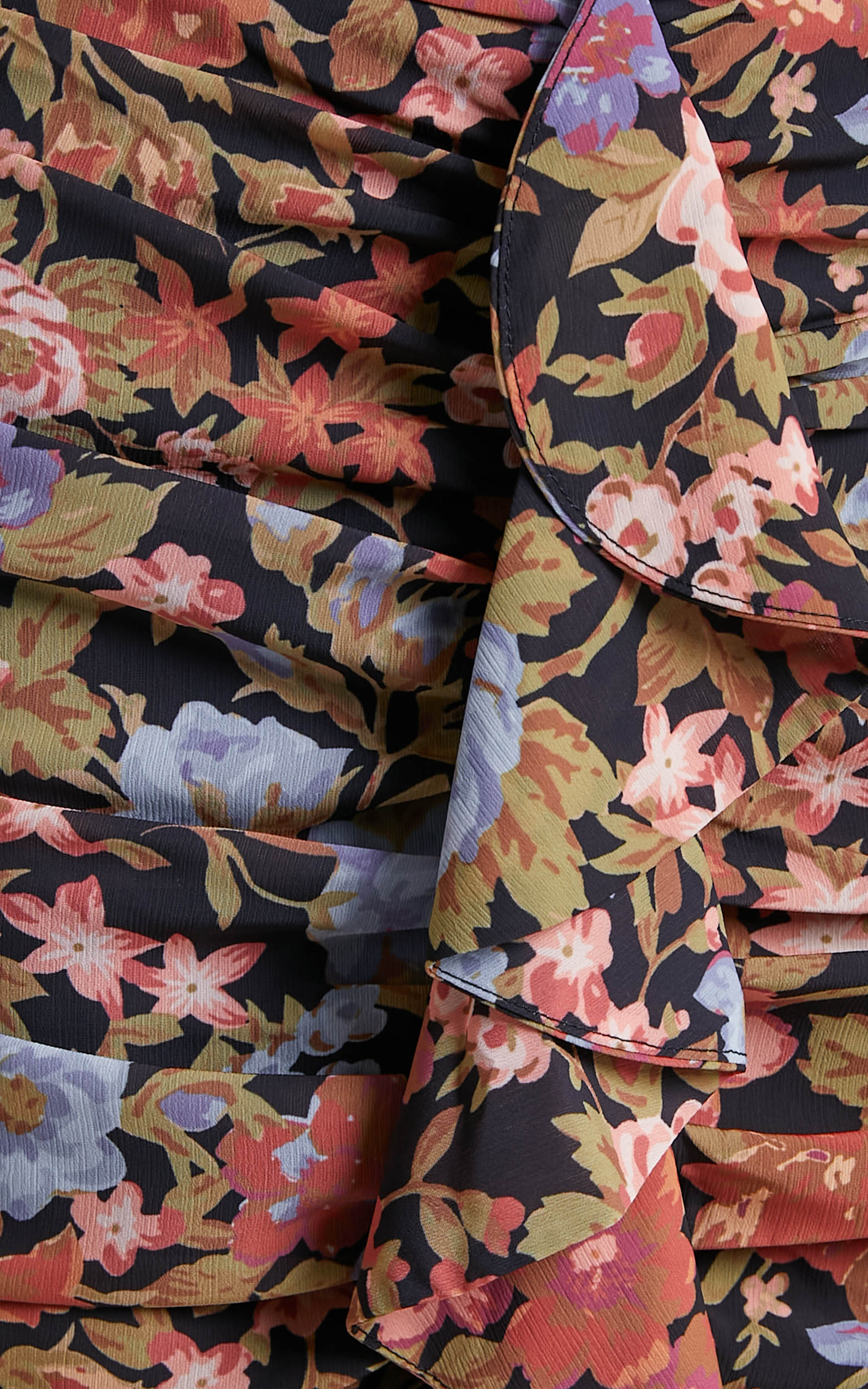 Henny Mini Skirt - Ruched Ruffle Drape Skirt in Dusk Floral