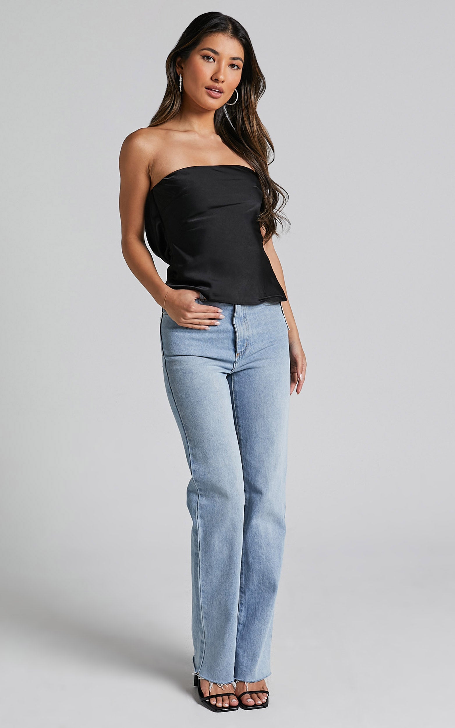 Hera Top - Strapless Straight Neck Cowl Back Top in Black