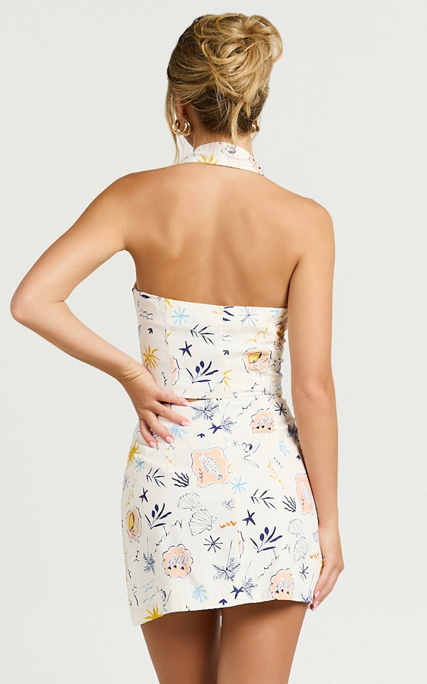 Hera Two Piece Set - Linen Square Neck Halter Vest Top And Mini Skirt Set in Soleil Print