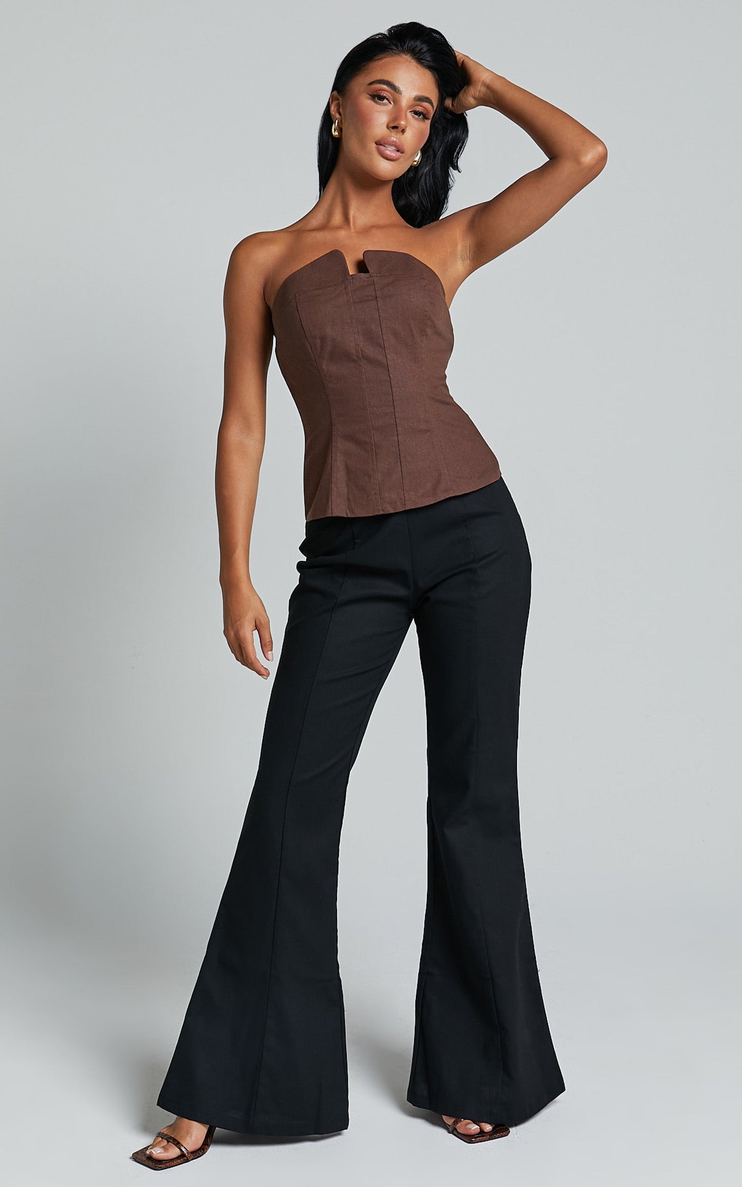 Herrera Top - Linen Strapless Panel Seam Corset Top in Chocolate