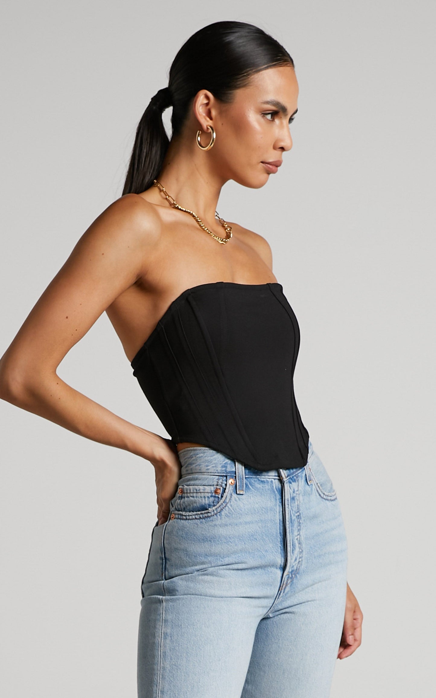 Hester Top - Strapless Dipped Hem Corset Top in Black