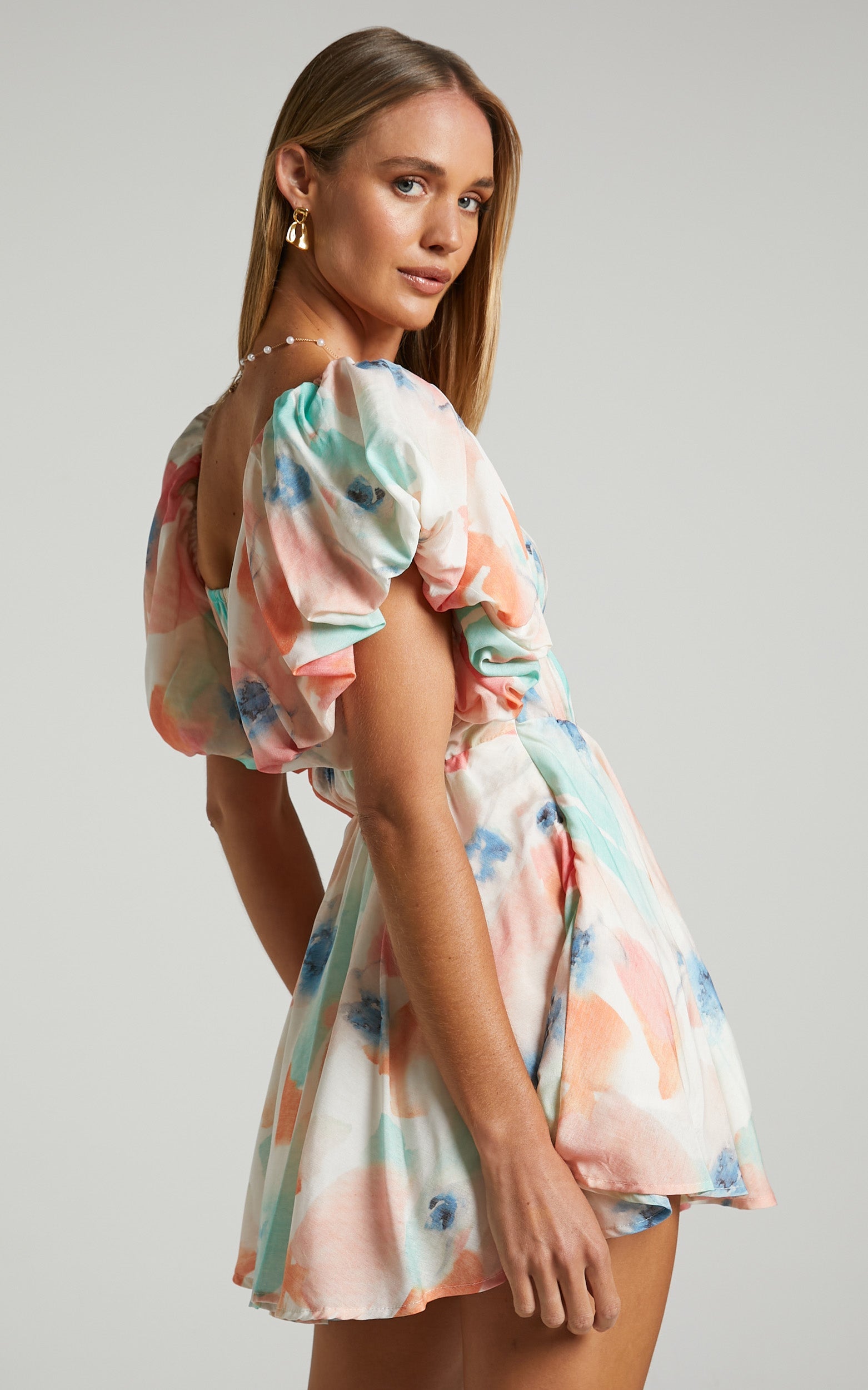 Hilda Mini Dress - Linen Off Shoulder Puff Sleeve Tiered Dress in Peach Floral