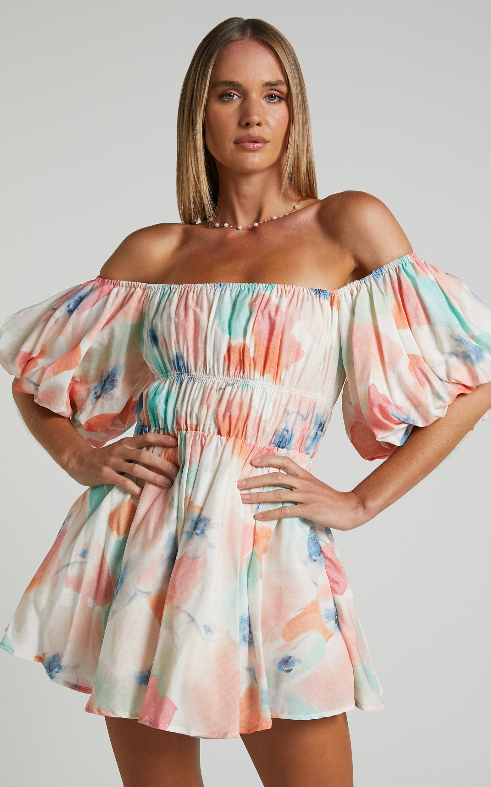 Hilda Mini Dress - Linen Off Shoulder Puff Sleeve Tiered Dress in Peach Floral