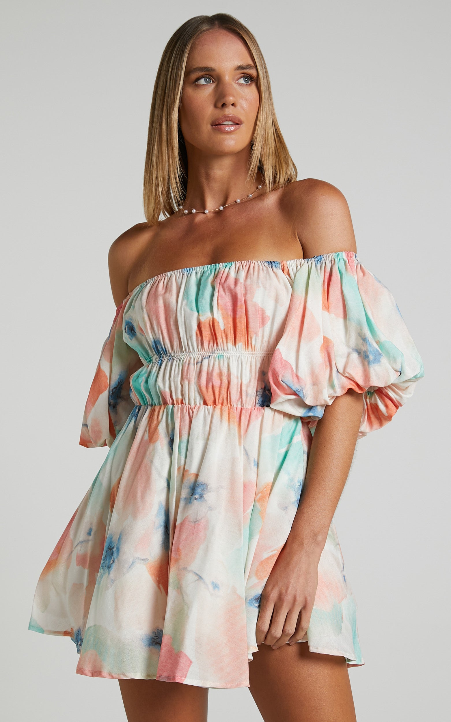 Hilda Mini Dress - Linen Off Shoulder Puff Sleeve Tiered Dress in Peach Floral