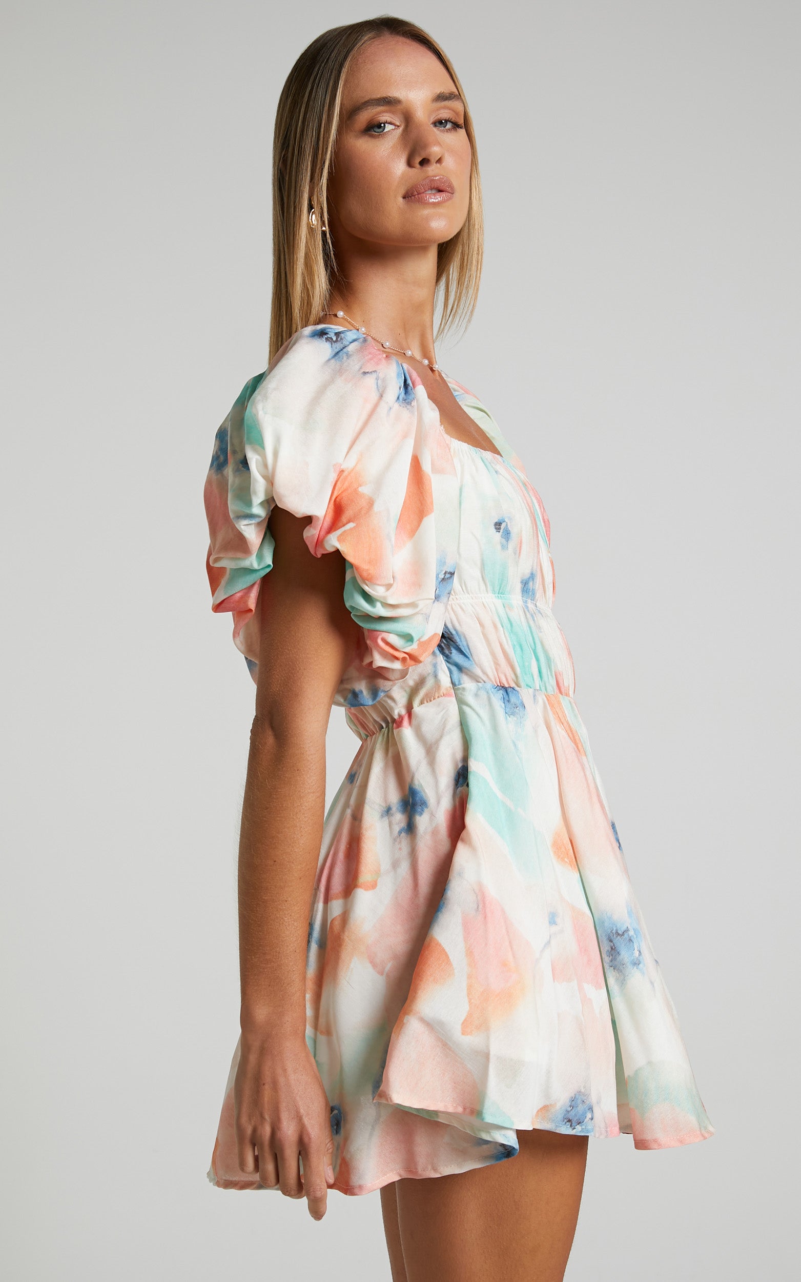 Hilda Mini Dress - Linen Off Shoulder Puff Sleeve Tiered Dress in Peach Floral