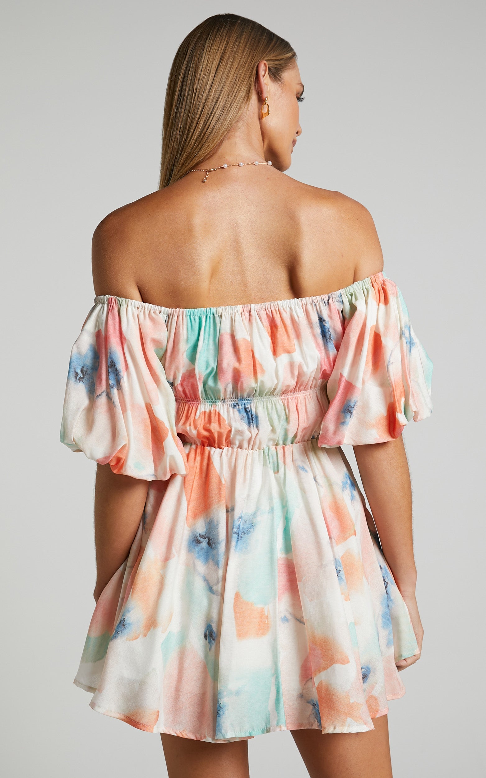Hilda Mini Dress - Linen Off Shoulder Puff Sleeve Tiered Dress in Peach Floral