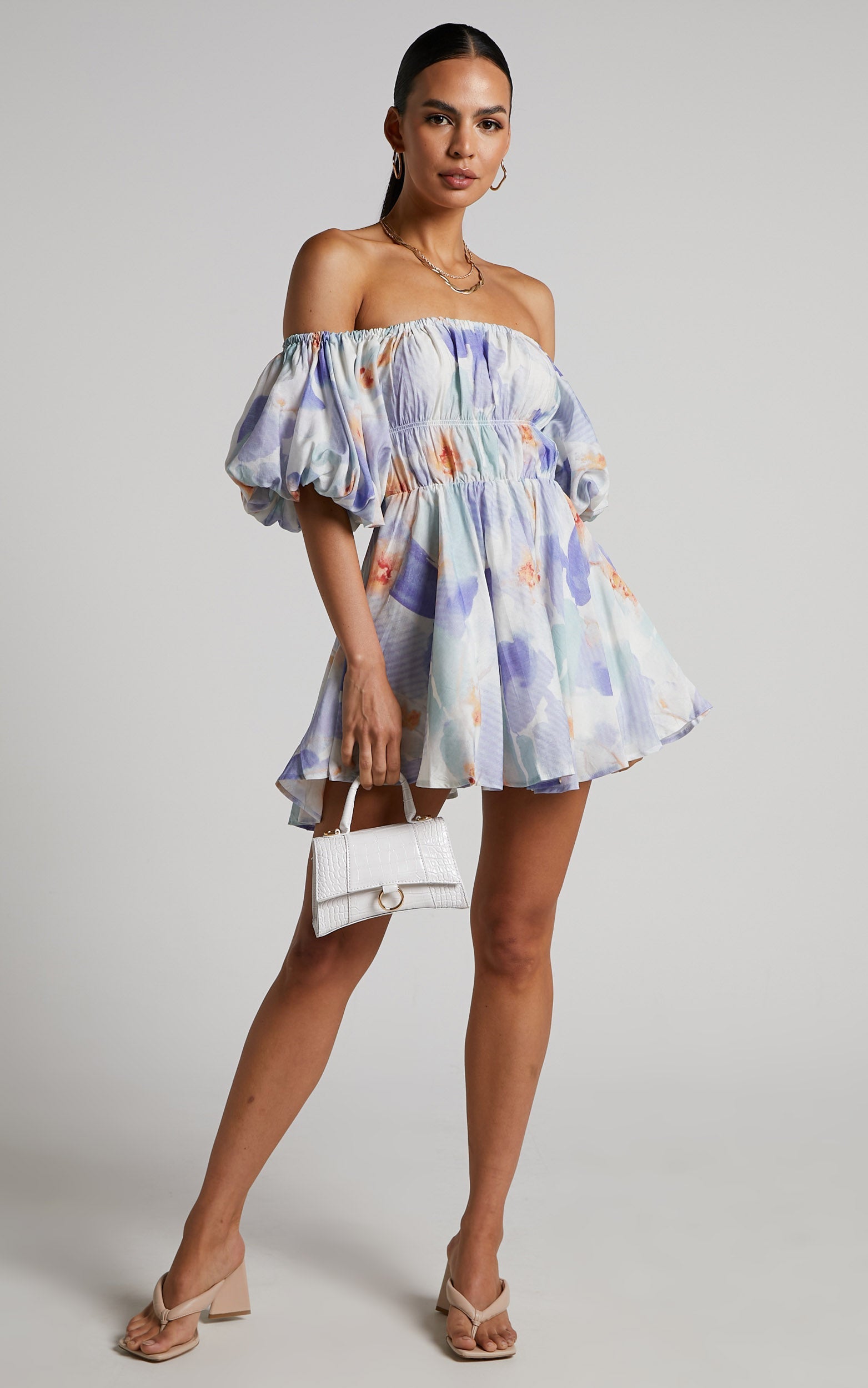 Hilda Mini Dress - Linen Off Shoulder Puff Sleeve Tiered Dress in Blue Floral