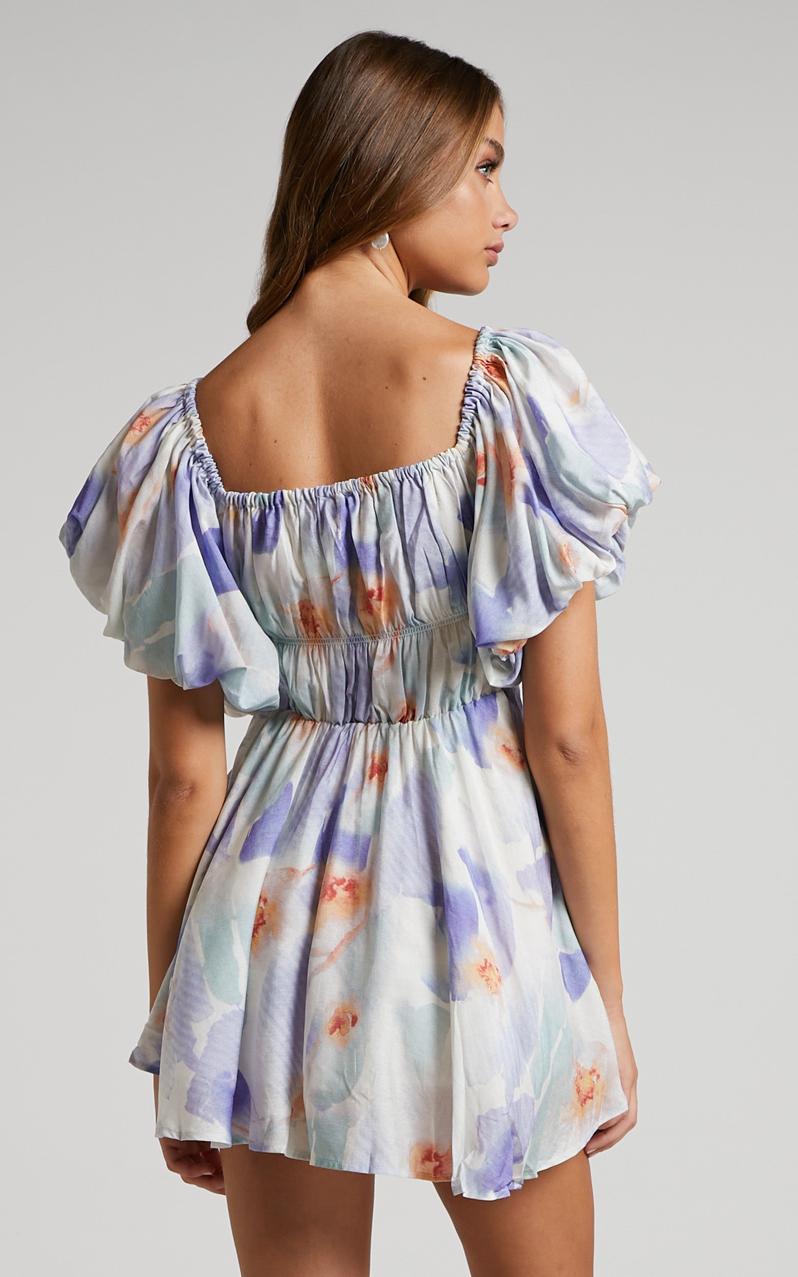 Hilda Mini Dress - Linen Off Shoulder Puff Sleeve Tiered Dress in Blue Floral