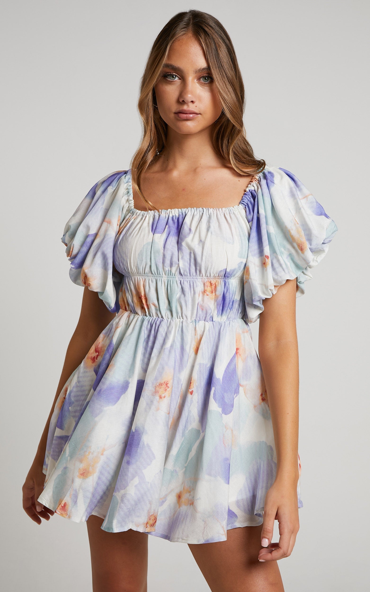 Hilda Mini Dress - Linen Off Shoulder Puff Sleeve Tiered Dress in Blue Floral