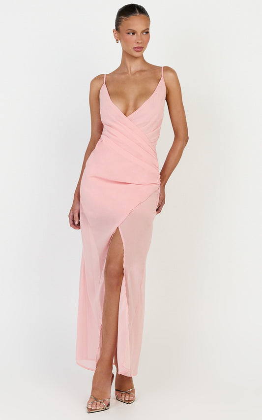 Hillary Maxi Dress - Draped V Neck Low Back Dress in Rose