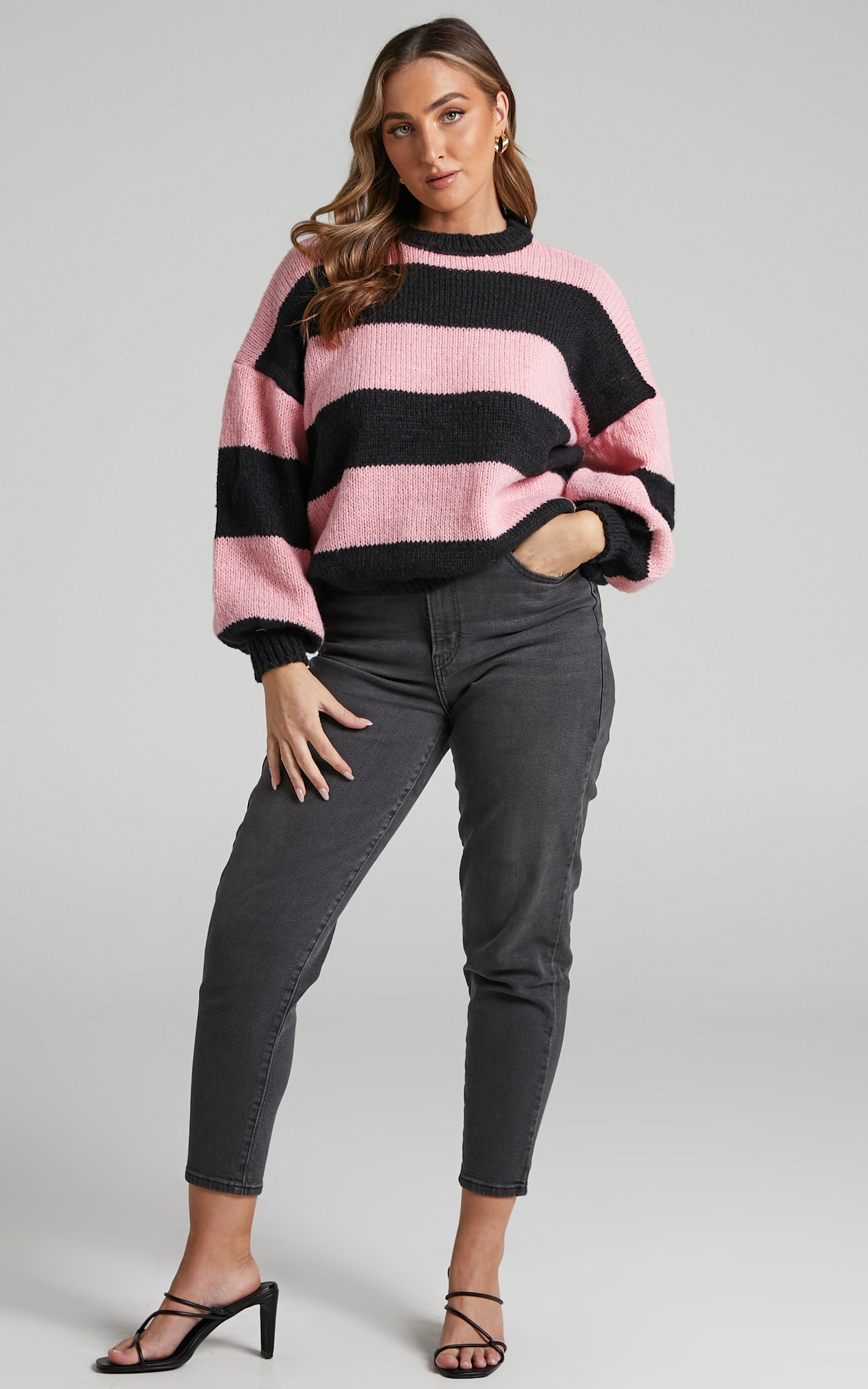 Hillary Striped Cropped Balloon Sleeve Jumper in Pink/Black
