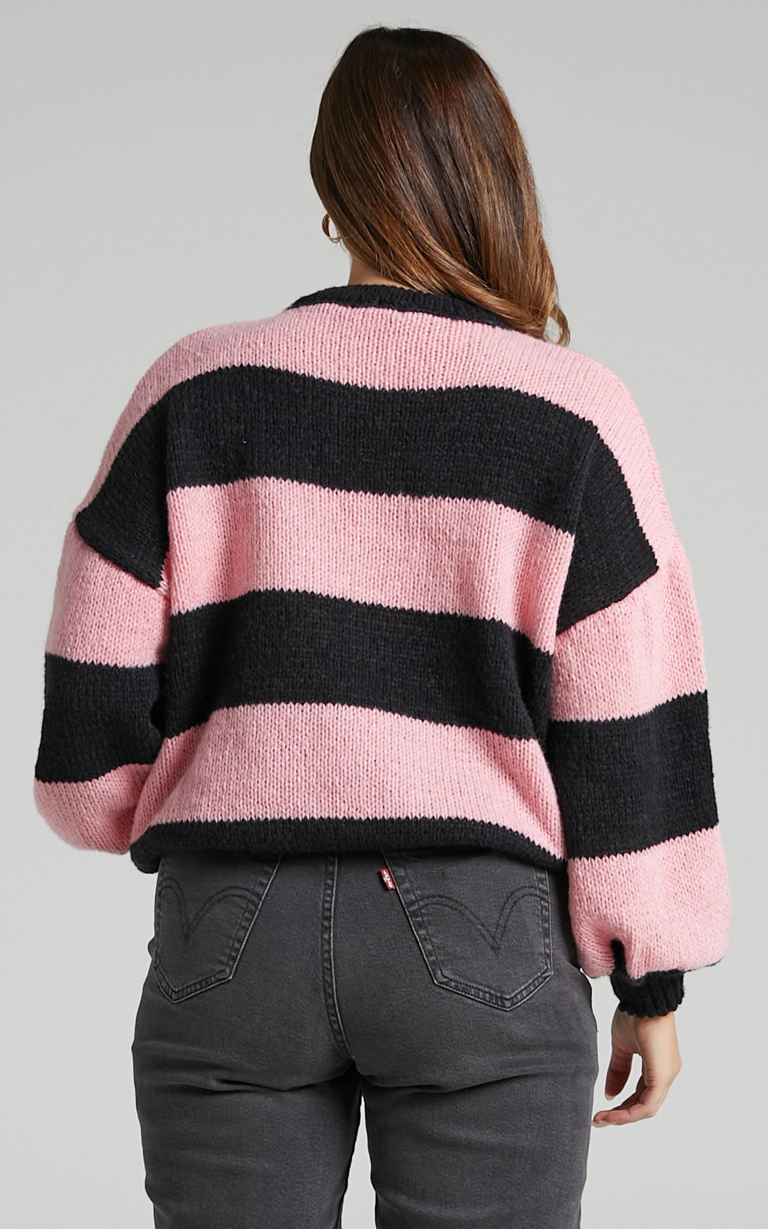 Hillary Striped Cropped Balloon Sleeve Jumper in Pink/Black