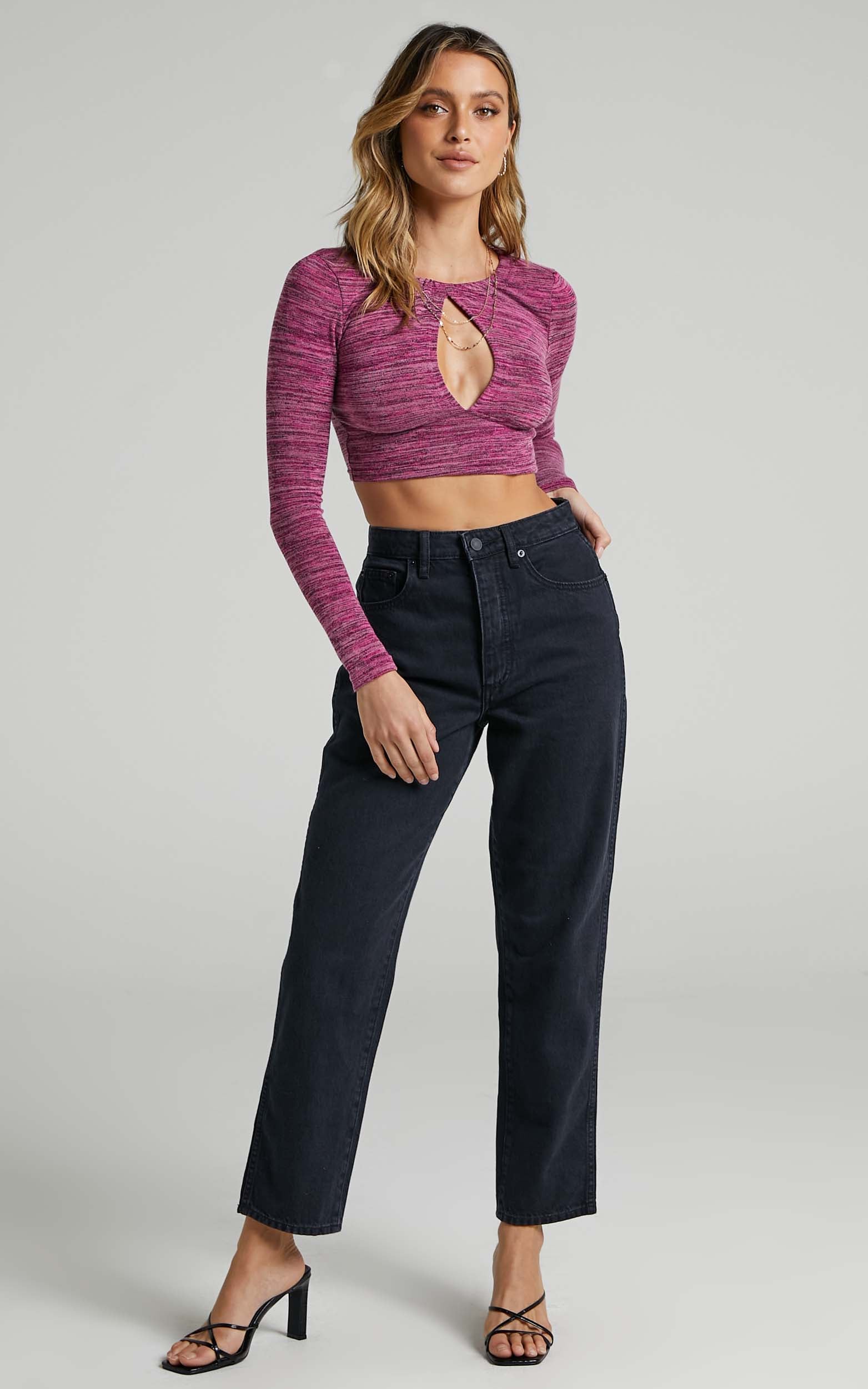 Hirah Cutout Longsleeve Top in Pink Spacedye