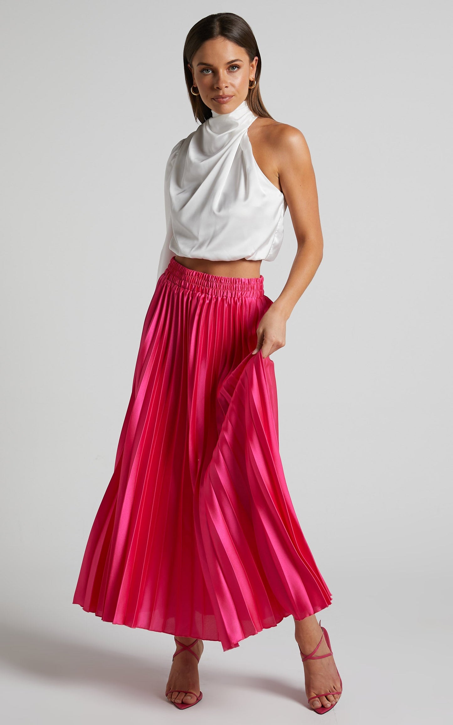Hisui Midi Skirt - A Line Pleated Skirt in Pink