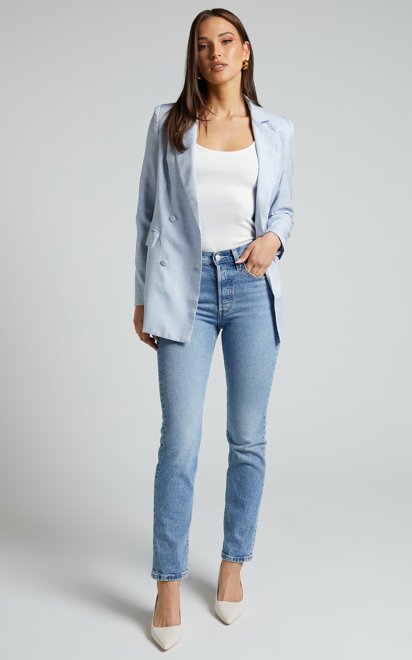 Hollie Blazer - Double Breasted Blazer in Light Blue Check