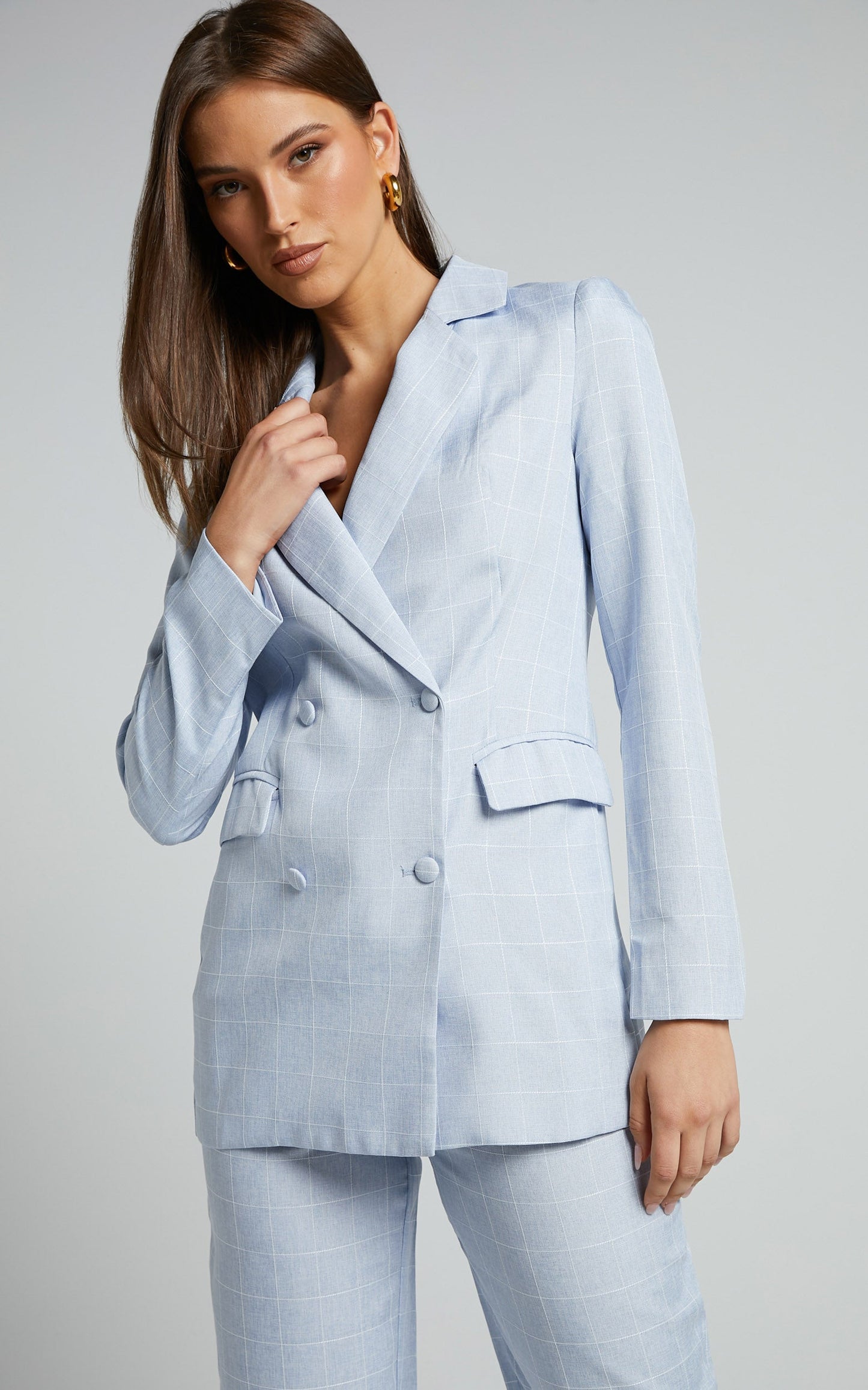 Hollie Blazer - Double Breasted Blazer in Light Blue Check