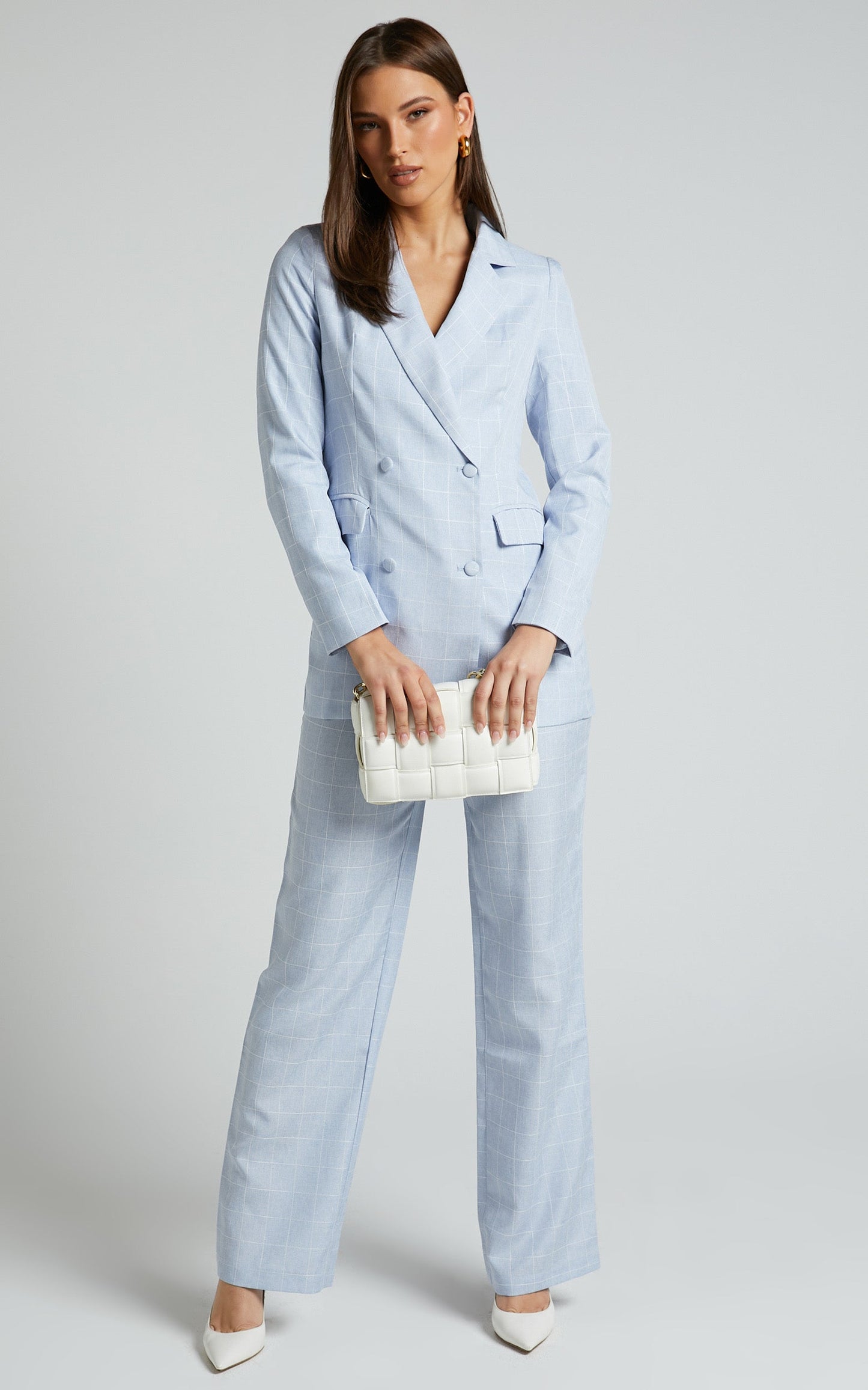 Hollie Tailored Pant - High Waisted Relaxed Straight Leg in Light Blue Check