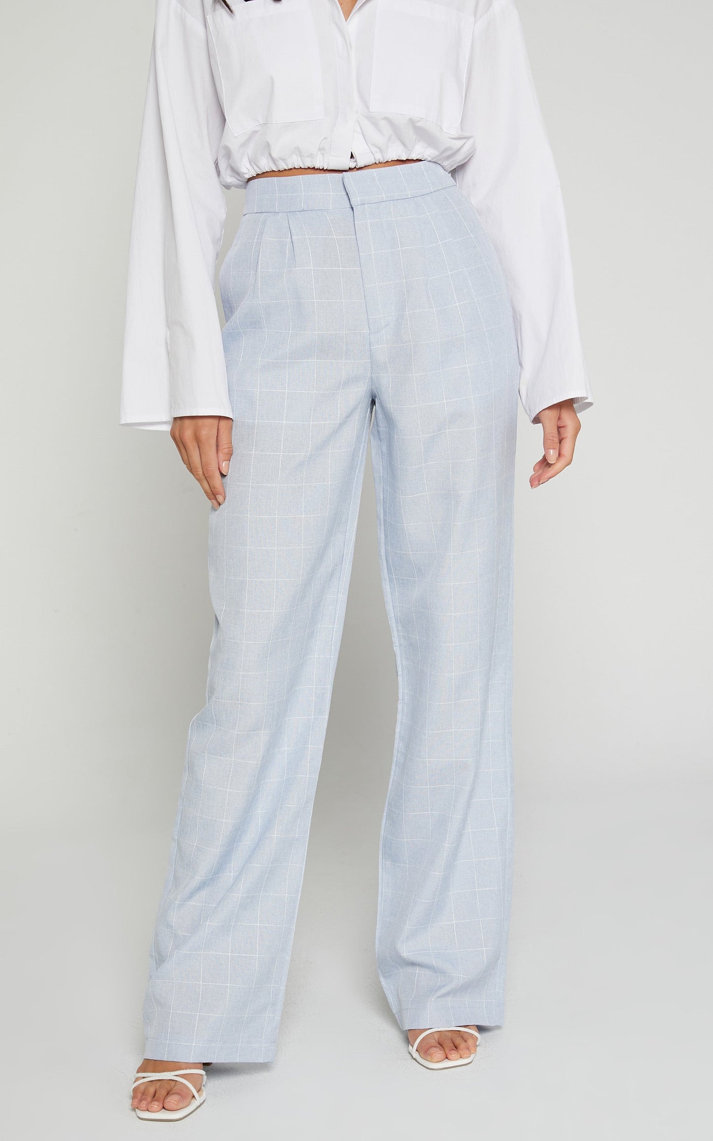 Hollie Tailored Pant - High Waisted Relaxed Straight Leg in Light Blue Check
