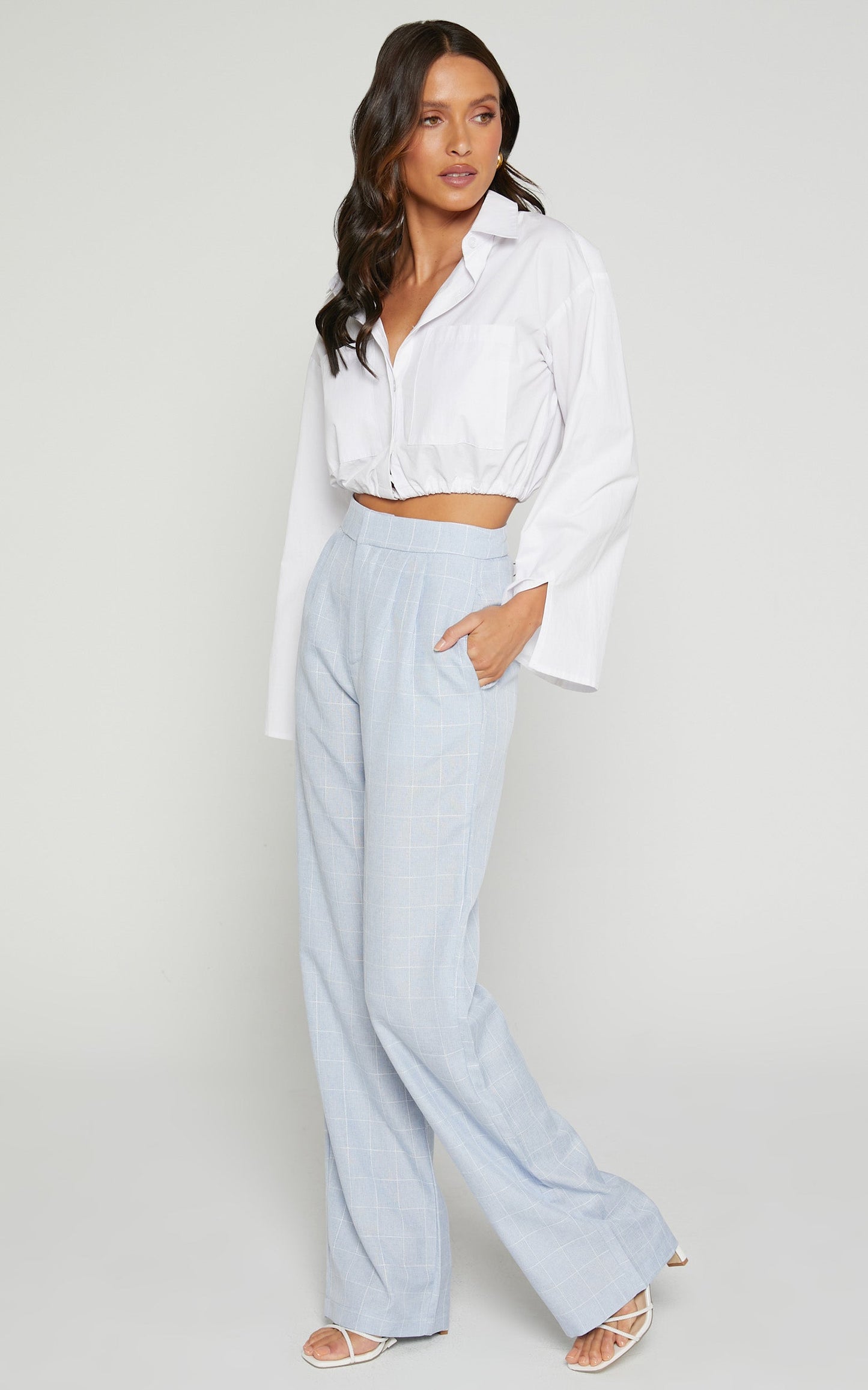 Hollie Tailored Pant - High Waisted Relaxed Straight Leg in Light Blue Check