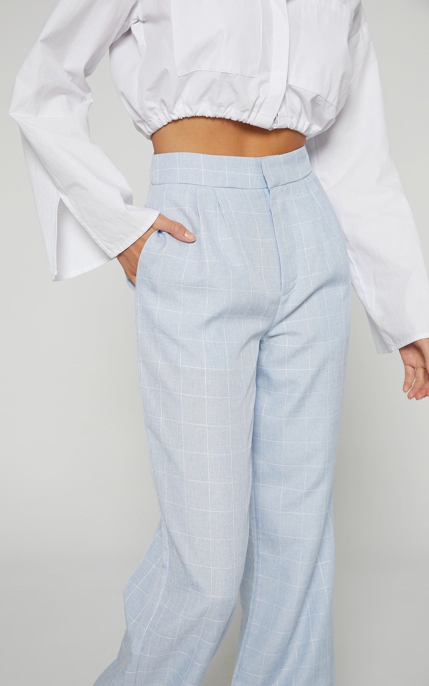 Hollie Tailored Pant - High Waisted Relaxed Straight Leg in Light Blue Check