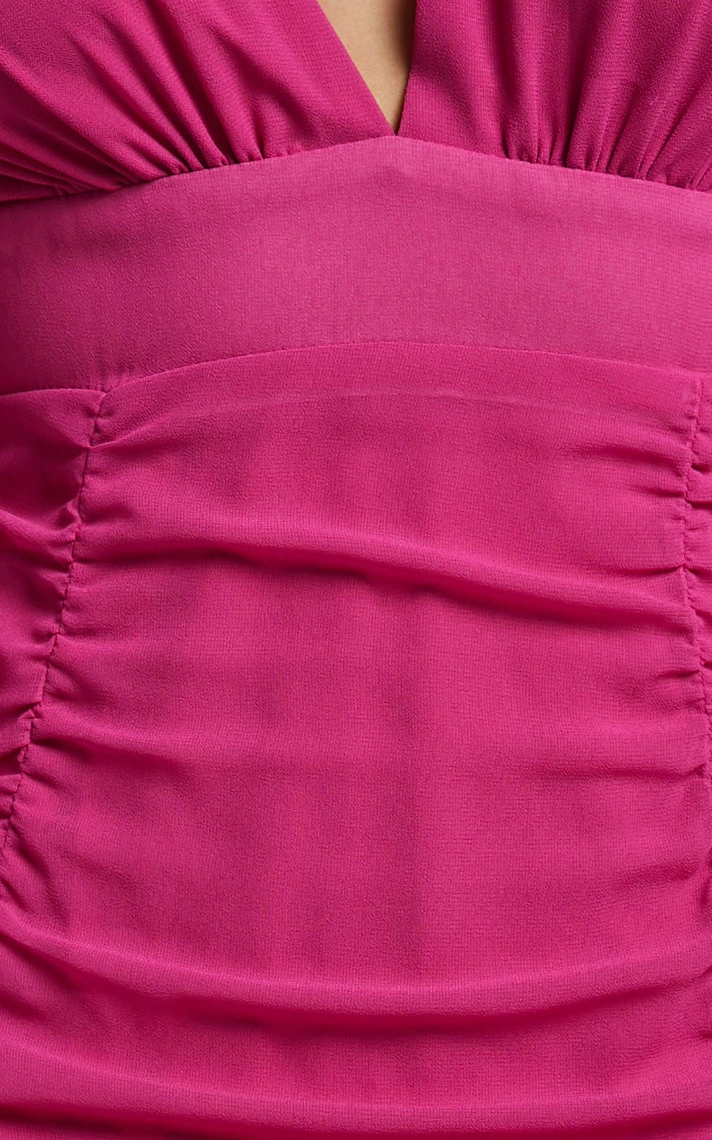 Hollis Mini Dress - Ruched Long Sleeve Plunge Neck Dress in Hot Pink