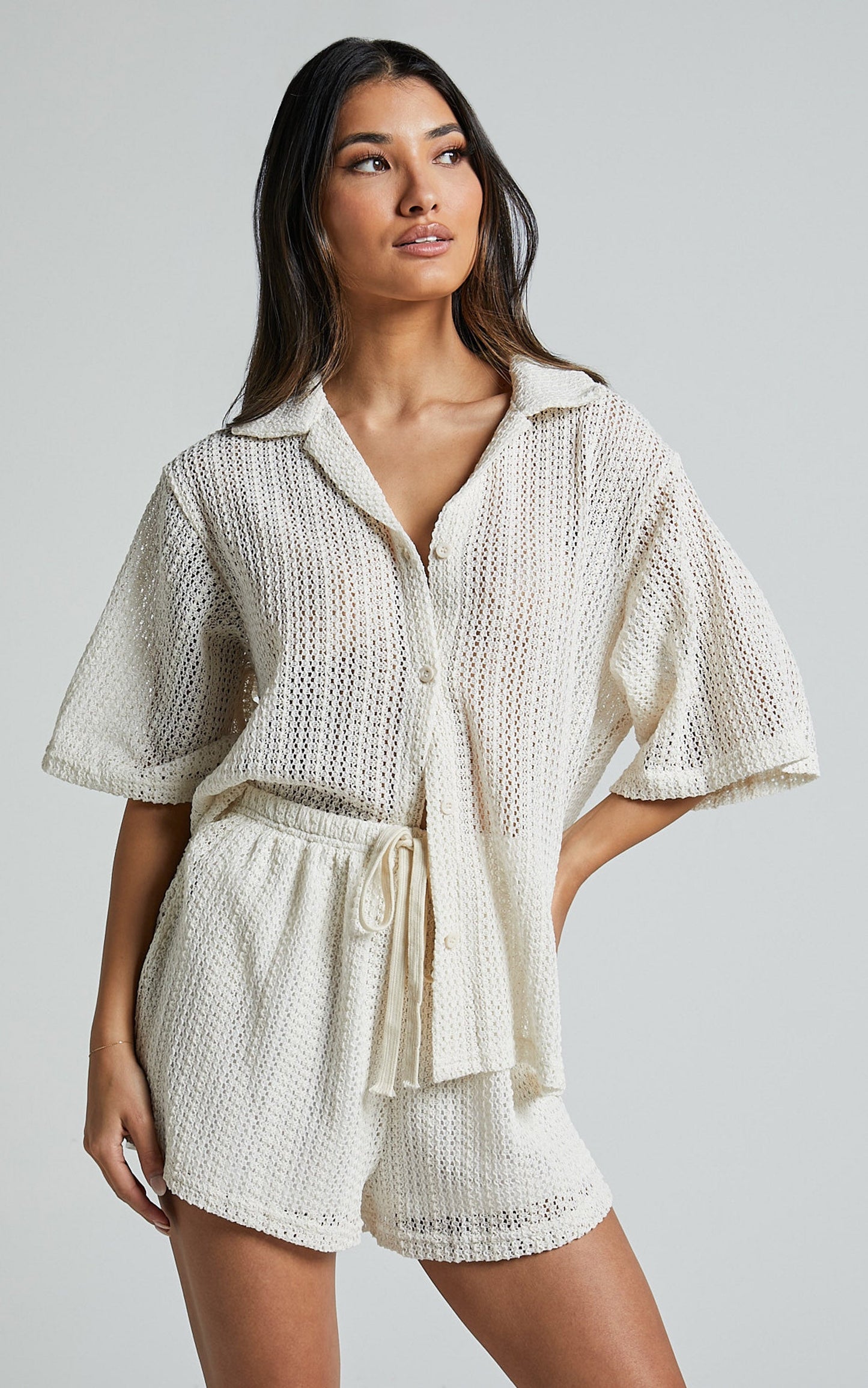 Holly Two Piece Set - Crochet Short Sleeve Shirt & Shorts Set in Cream