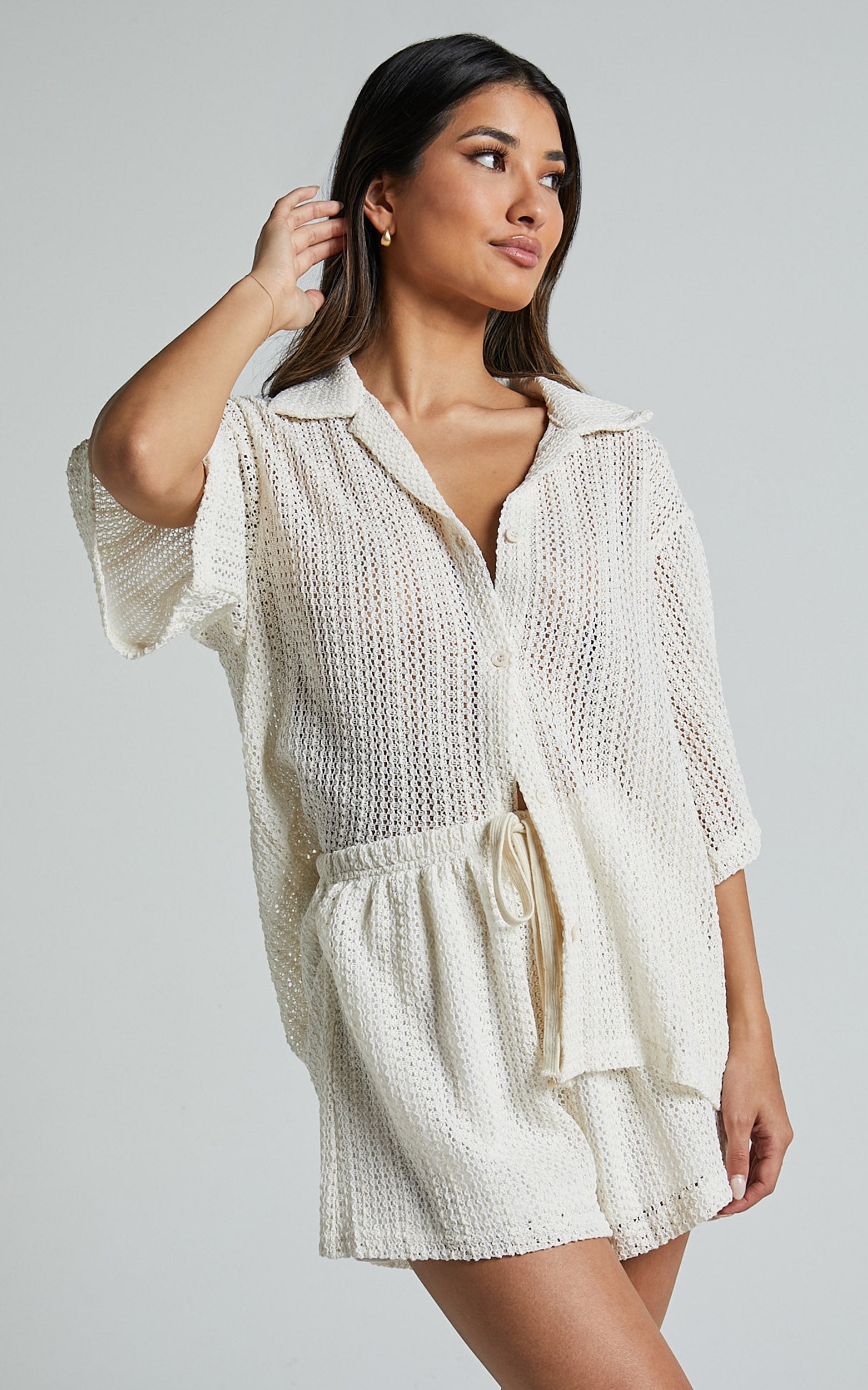 Holly Two Piece Set - Crochet Short Sleeve Shirt & Shorts Set in Cream