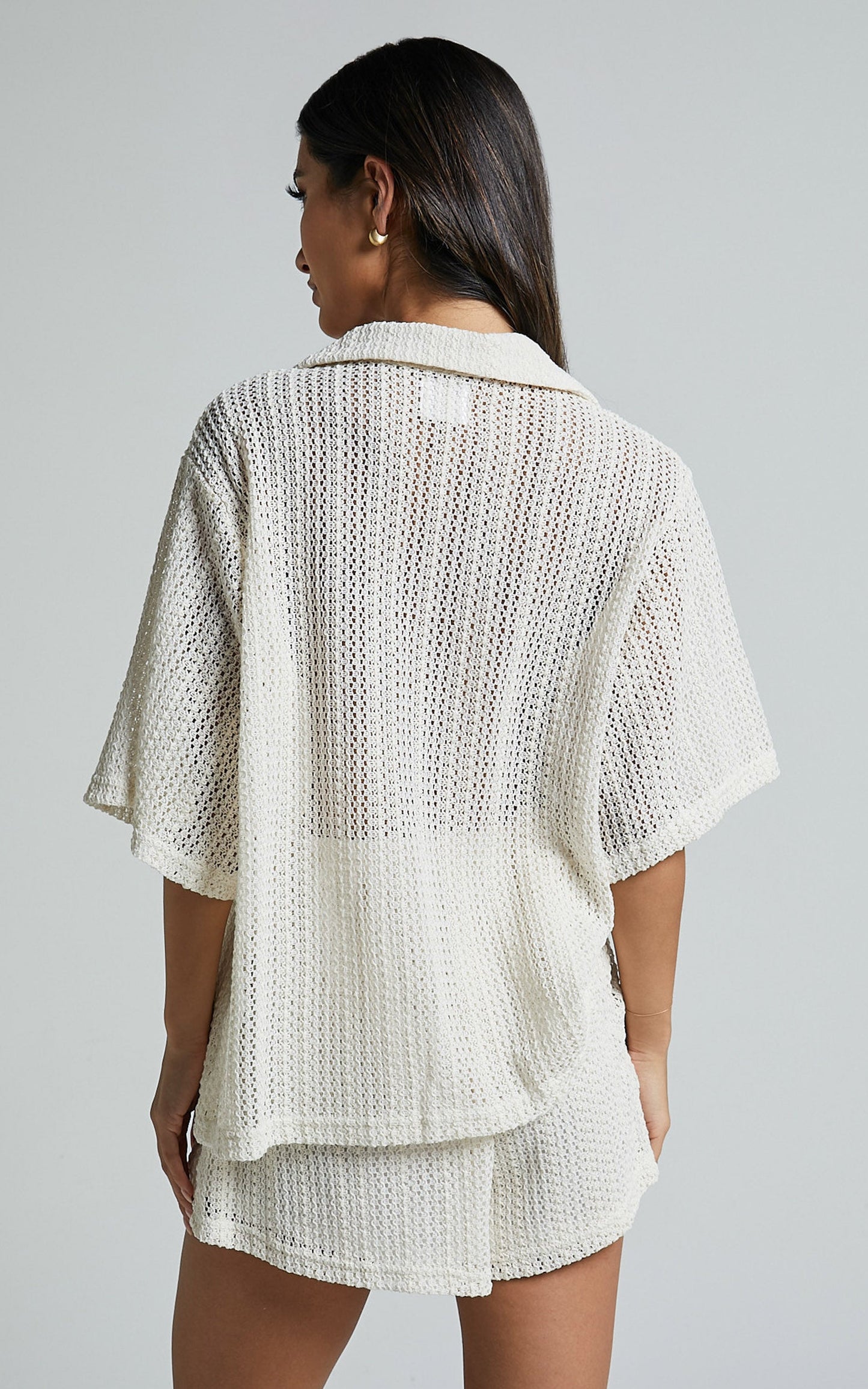 Holly Two Piece Set - Crochet Short Sleeve Shirt & Shorts Set in Cream