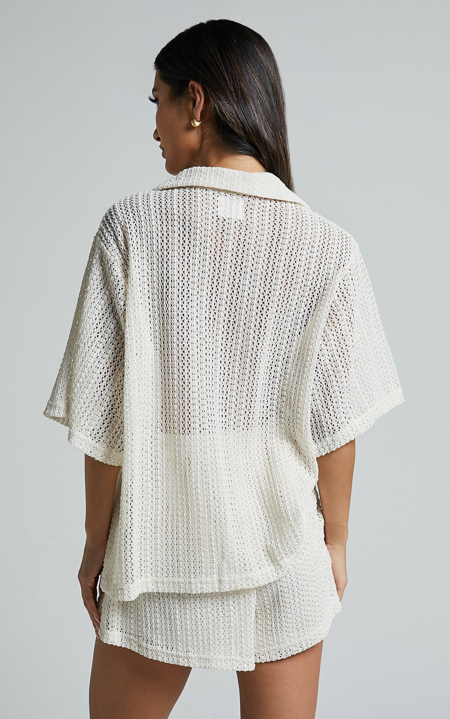 Holly Two Piece Set - Crochet Short Sleeve Shirt & Shorts Set in Cream