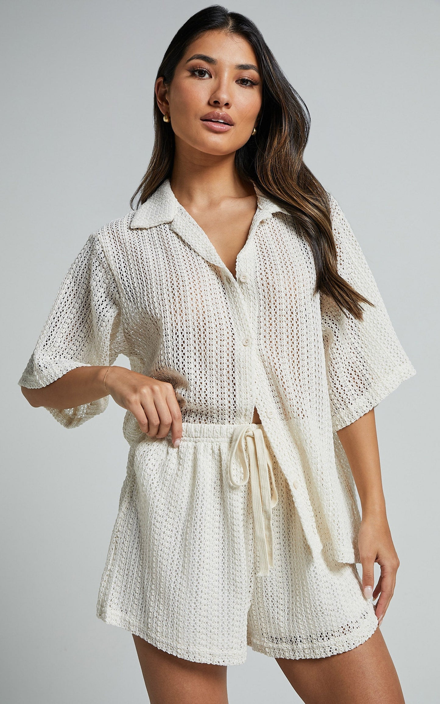 Holly Two Piece Set - Crochet Short Sleeve Shirt & Shorts Set in Cream