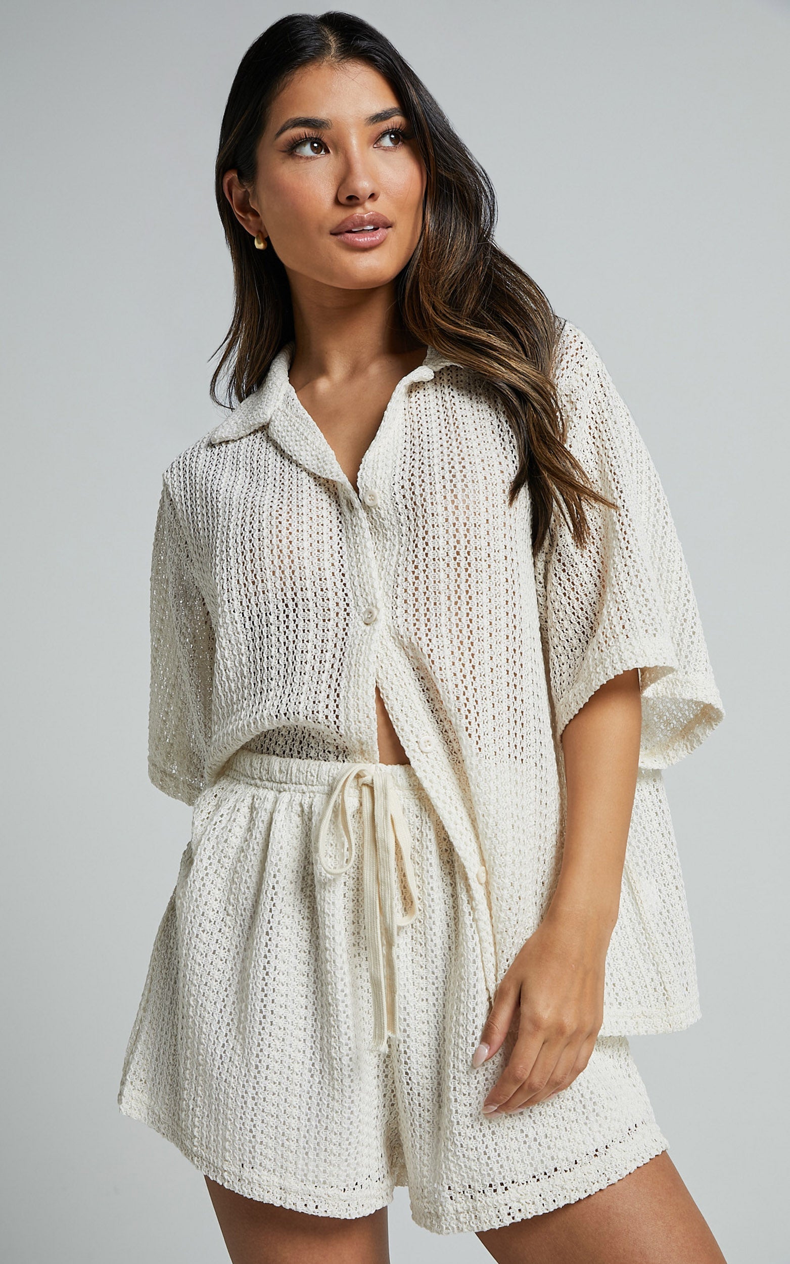 Holly Two Piece Set - Crochet Short Sleeve Shirt & Shorts Set in Cream