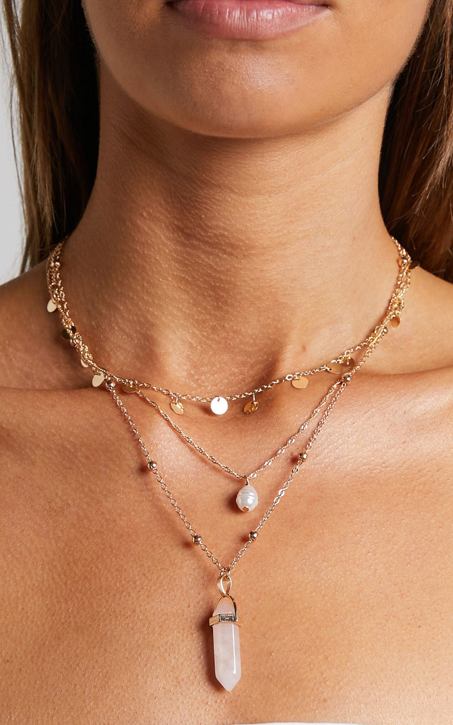 Honeywel Necklace - Crystal Pendant Layered Necklace in Gold