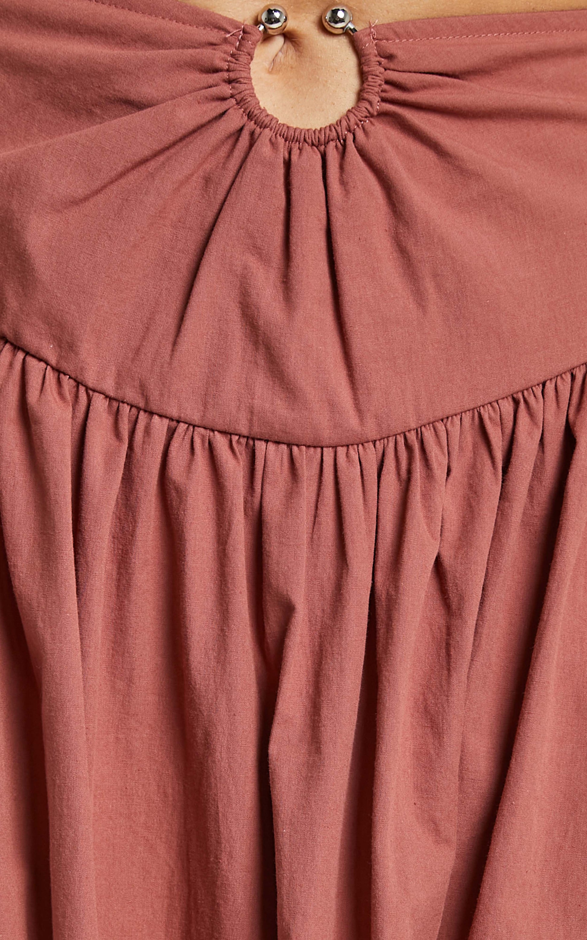Hyra Midi Skirt - Ring Detail Gathered Yoke Skirt in Rust
