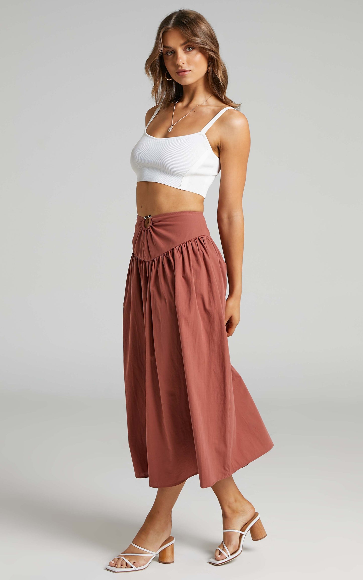 Hyra Midi Skirt - Ring Detail Gathered Yoke Skirt in Rust