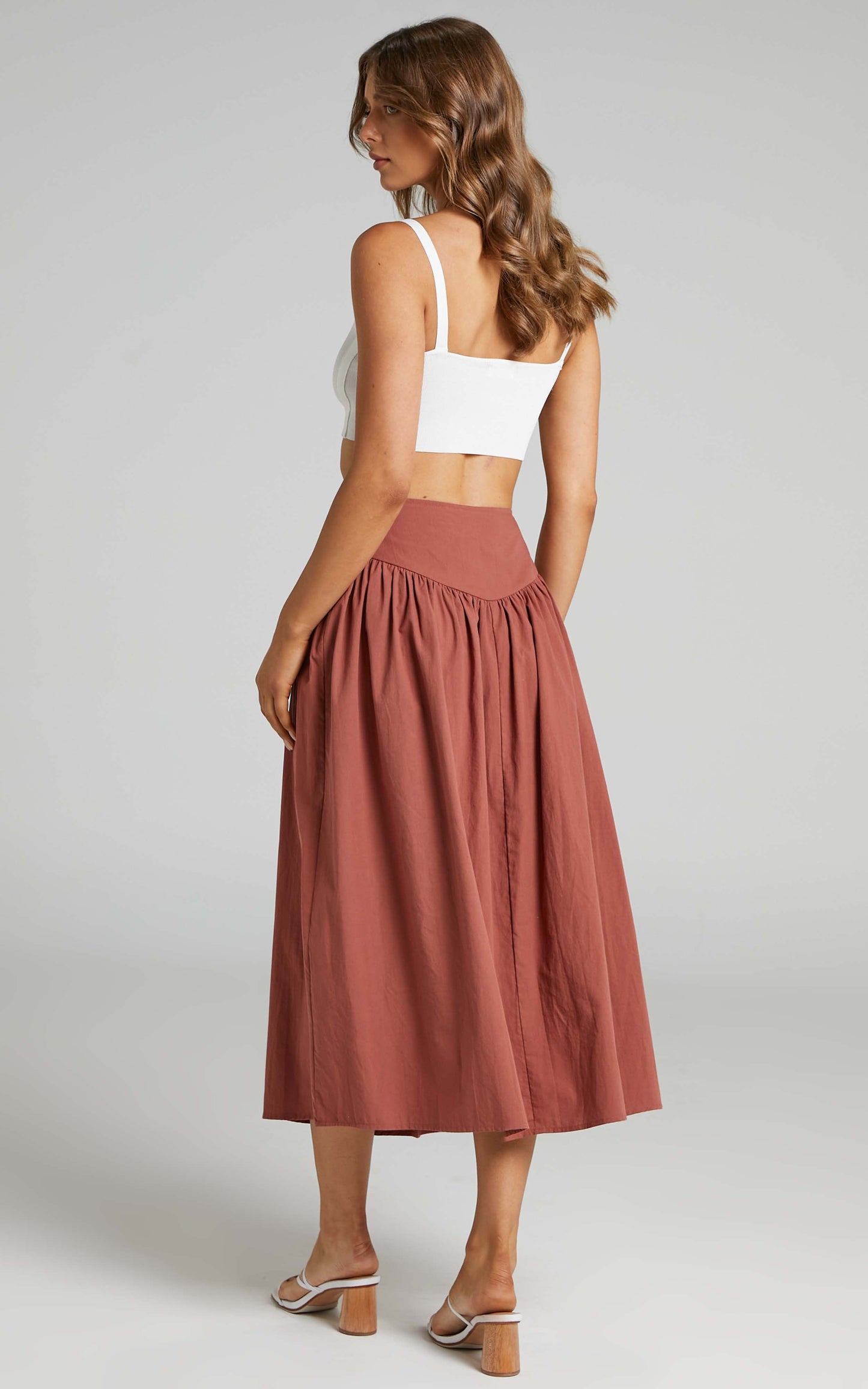 Hyra Midi Skirt - Ring Detail Gathered Yoke Skirt in Rust