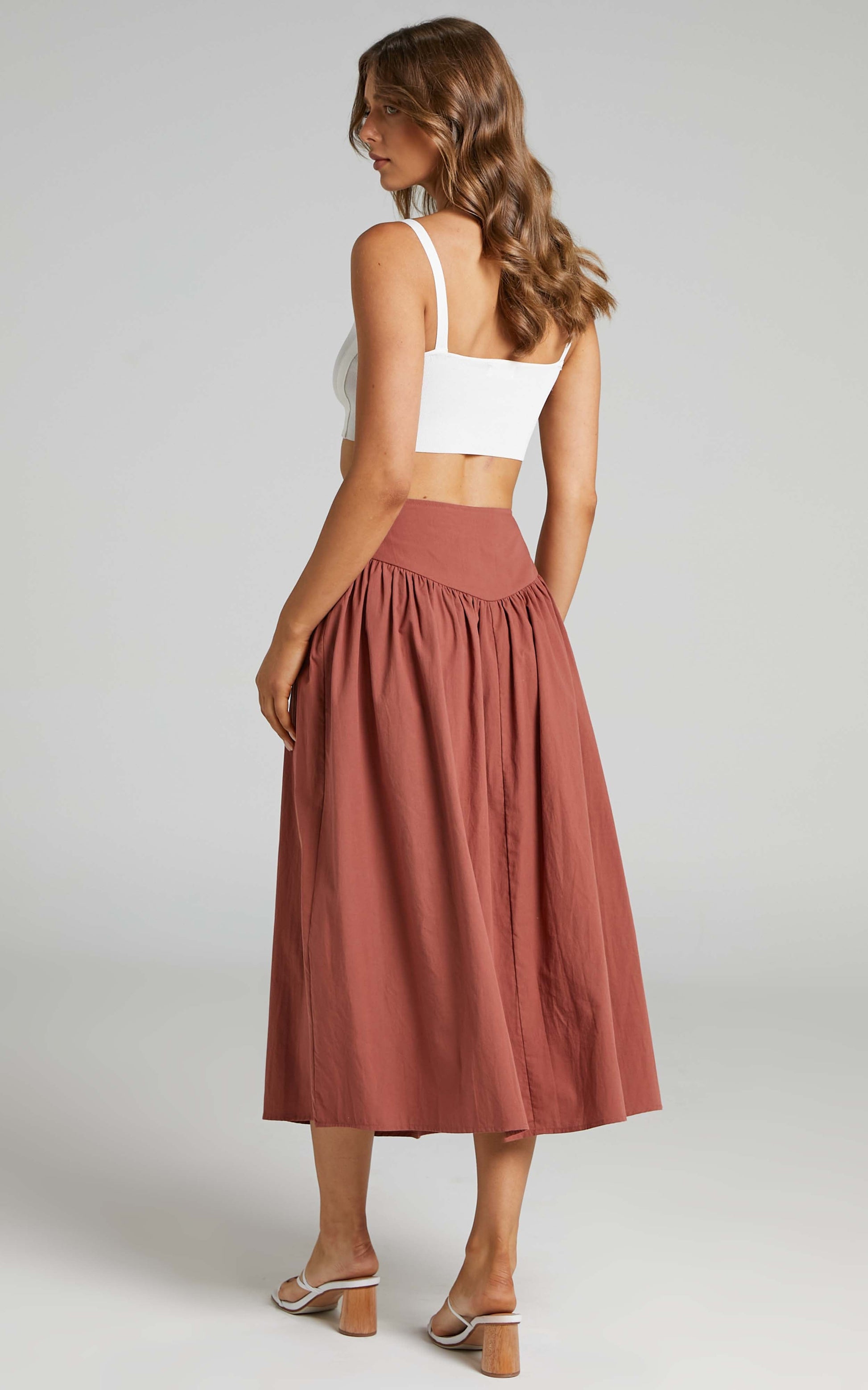 Hyra Midi Skirt - Ring Detail Gathered Yoke Skirt in Rust