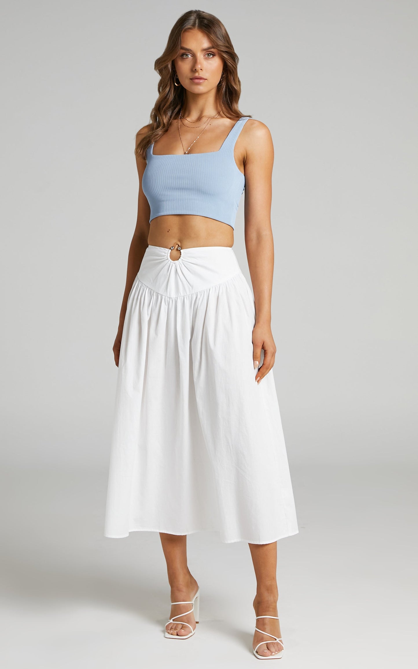 Hyra Midi Skirt - Ring Detail Gathered Yoke Skirt in White