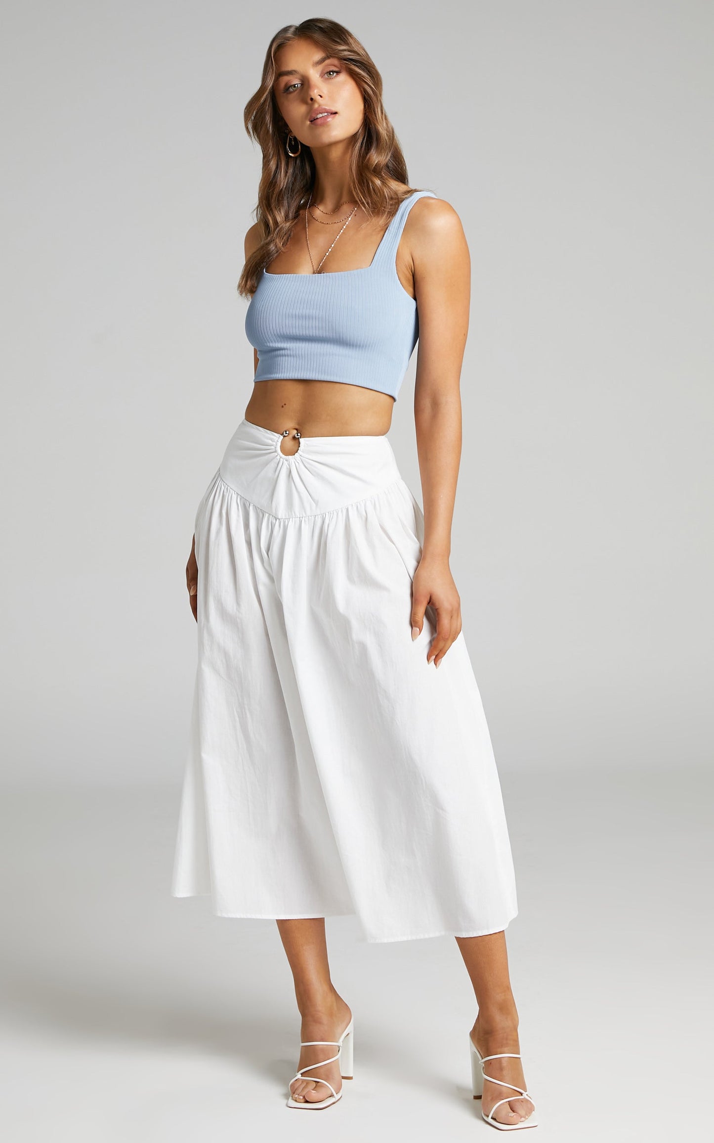 Hyra Midi Skirt - Ring Detail Gathered Yoke Skirt in White