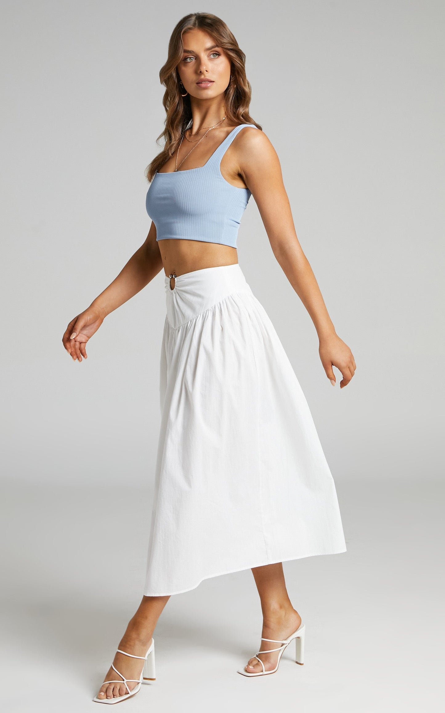 Hyra Midi Skirt - Ring Detail Gathered Yoke Skirt in White