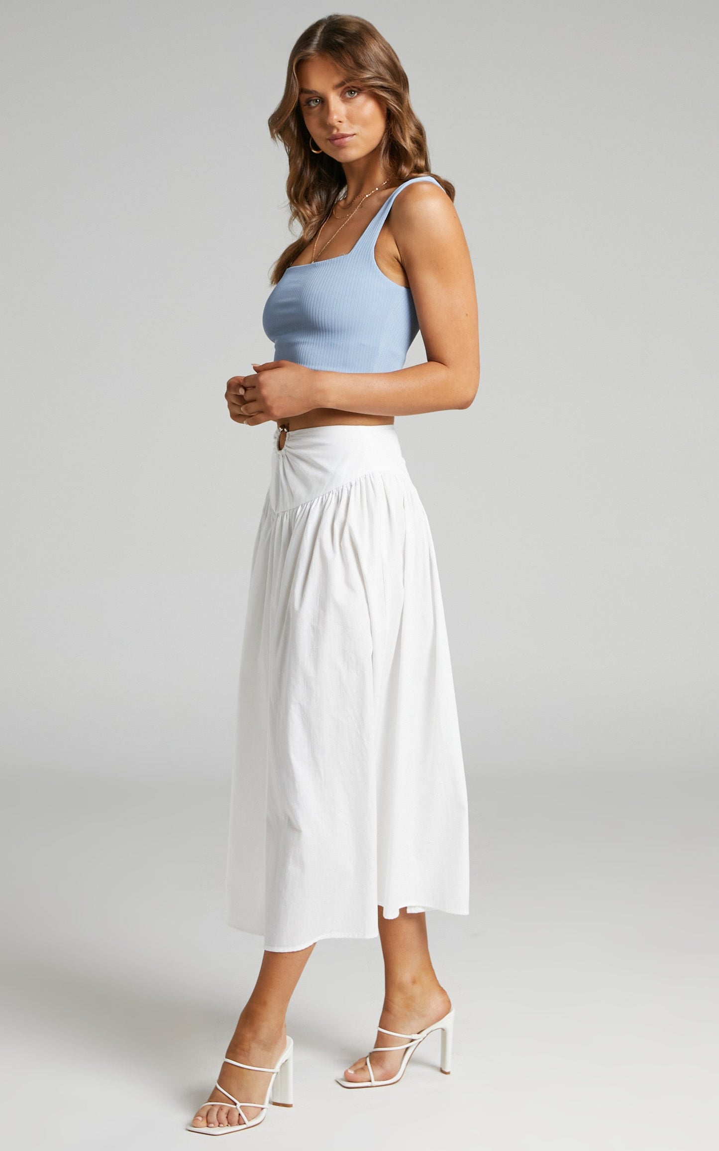 Hyra Midi Skirt - Ring Detail Gathered Yoke Skirt in White